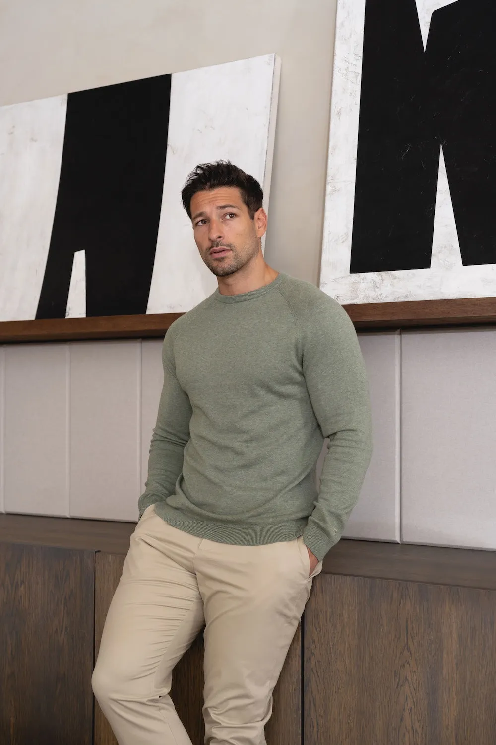 Pure Cotton Knitted Crew Neck Sweater in Sage Marl Gentle Breeze Skin Hug