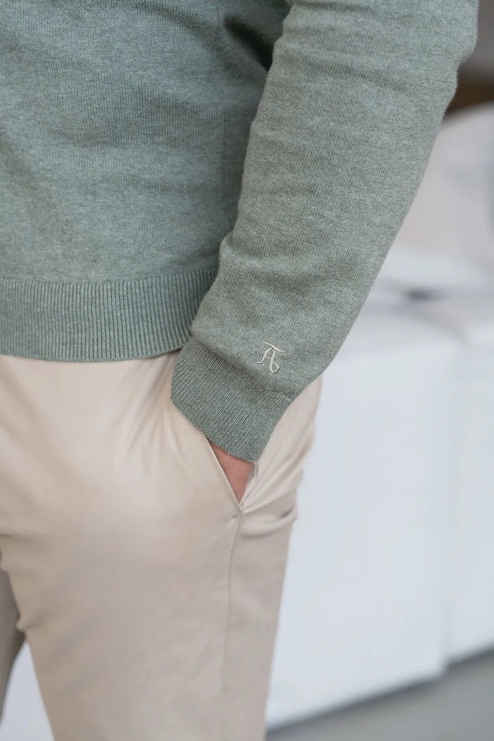 CompressiveFitFabric Pure Cotton Knitted Crew Neck Sweater in Sage Marl