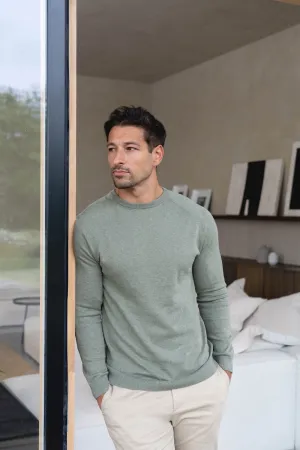 Smooth Yarn Tribal Soul Pure Cotton Knitted Crew Neck Sweater in Sage Marl