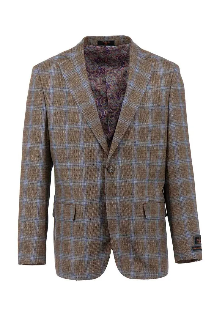 Tiglio Luxe Mocha With Light Blue Windowpane Dolcetto Modern Fit, Pure Wool Jacket TL7514 Go Anywhere Wear