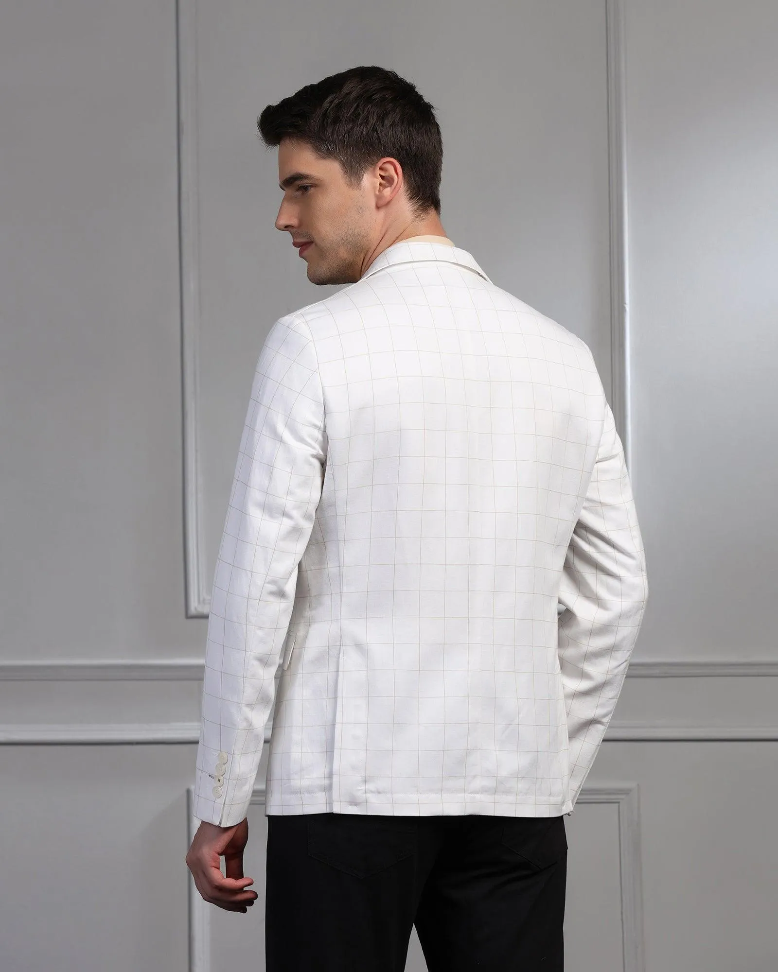 Linen Casual Off White Check Blazer - Timothy Noise Free Zipper