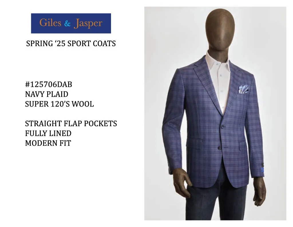 Giles and Jasper Wool Sportcoat in Navy Plaid Light Weight
