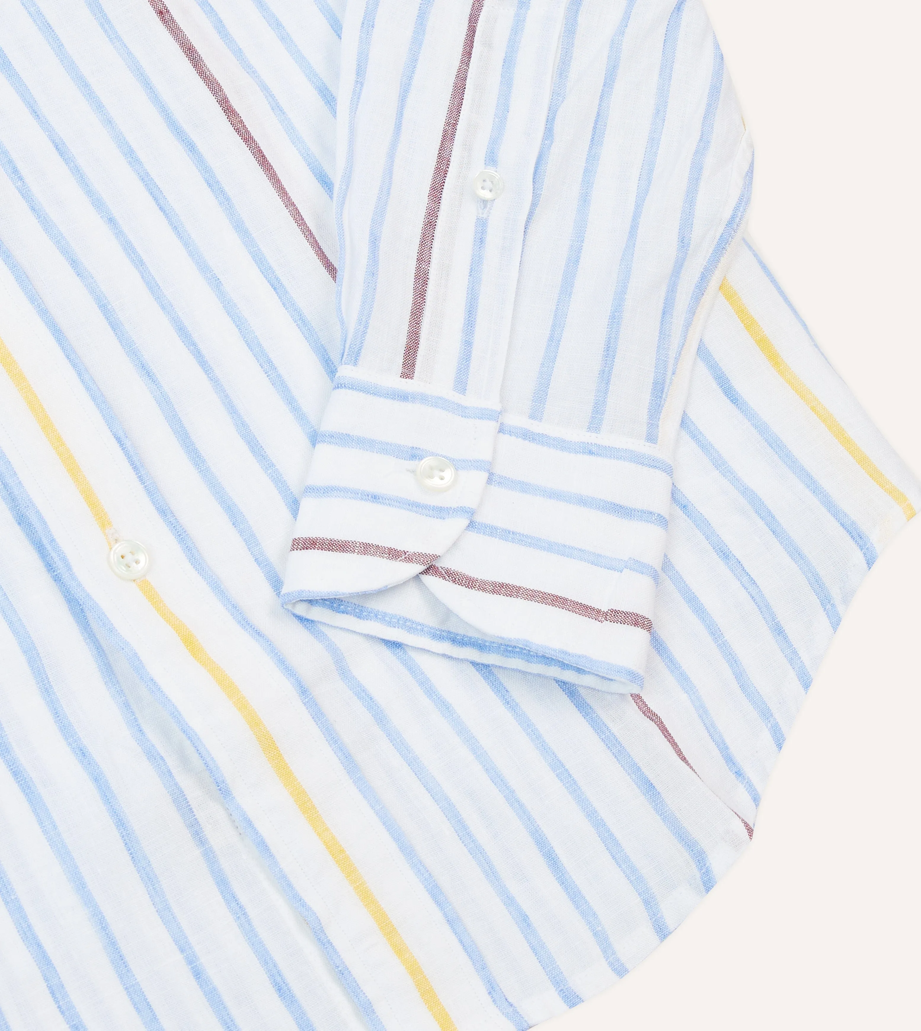Blue, White and Yellow Stripe Linen Long Point Collar Shirt Ruffle Edge