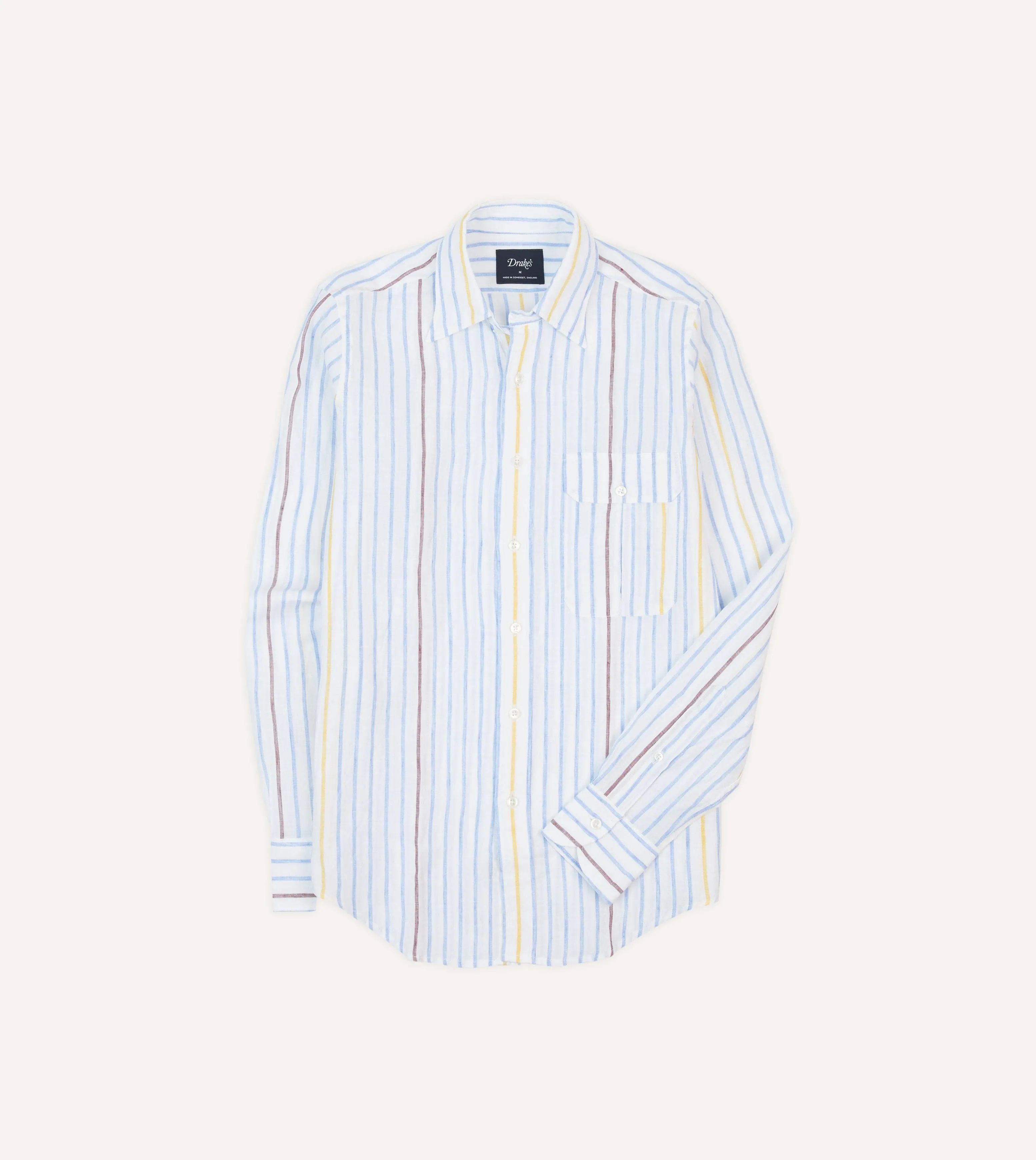 Blue, White and Yellow Stripe Linen Long Point Collar Shirt Creative Professional