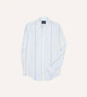Blue, White and Yellow Stripe Linen Long Point Collar Shirt Creative Professional