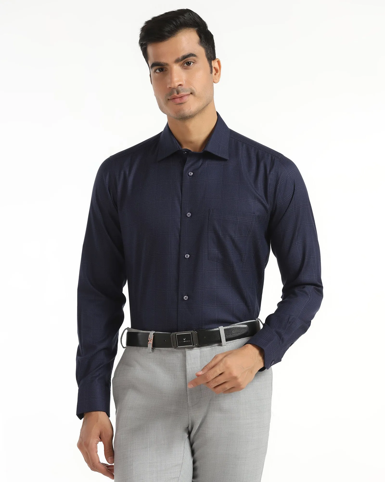 Non Iron Formal Navy Check Shirt - Wolf Trendsetter Choice