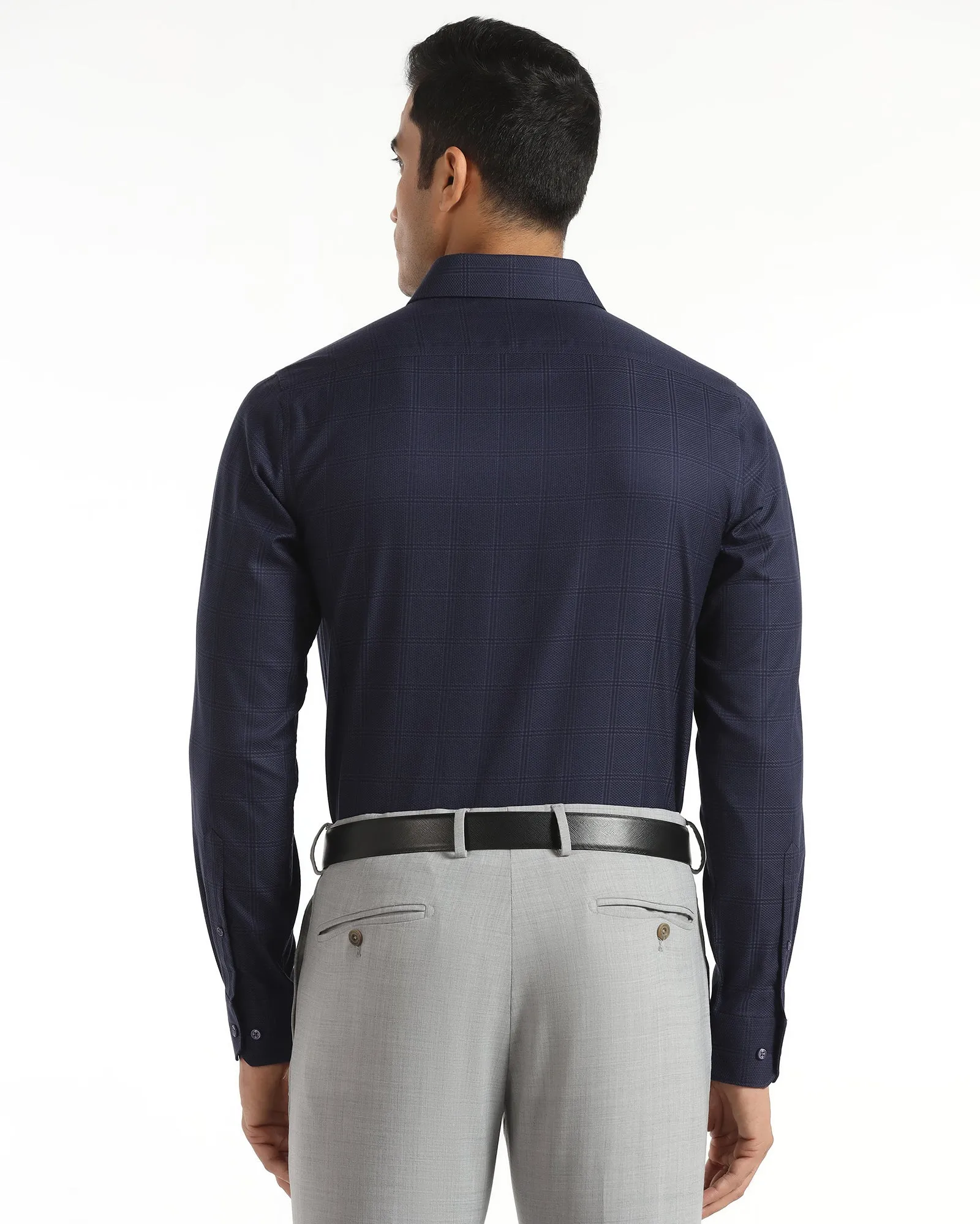 Clean Edge Trim Business casual Non Iron Formal Navy Check Shirt - Wolf