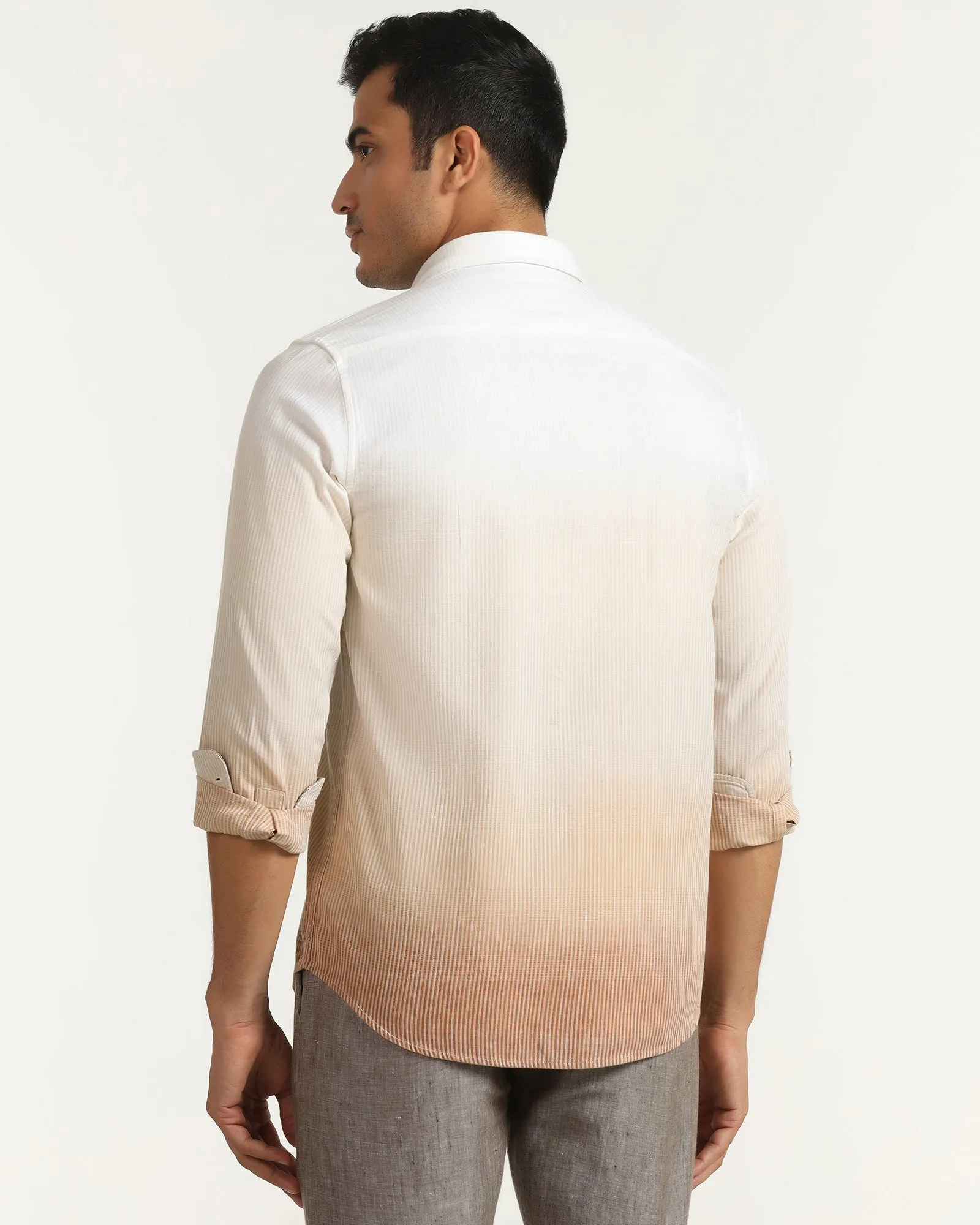 Gym Wear Tuckable Hem Linen Casual Beige Printed Shirt - Rayen