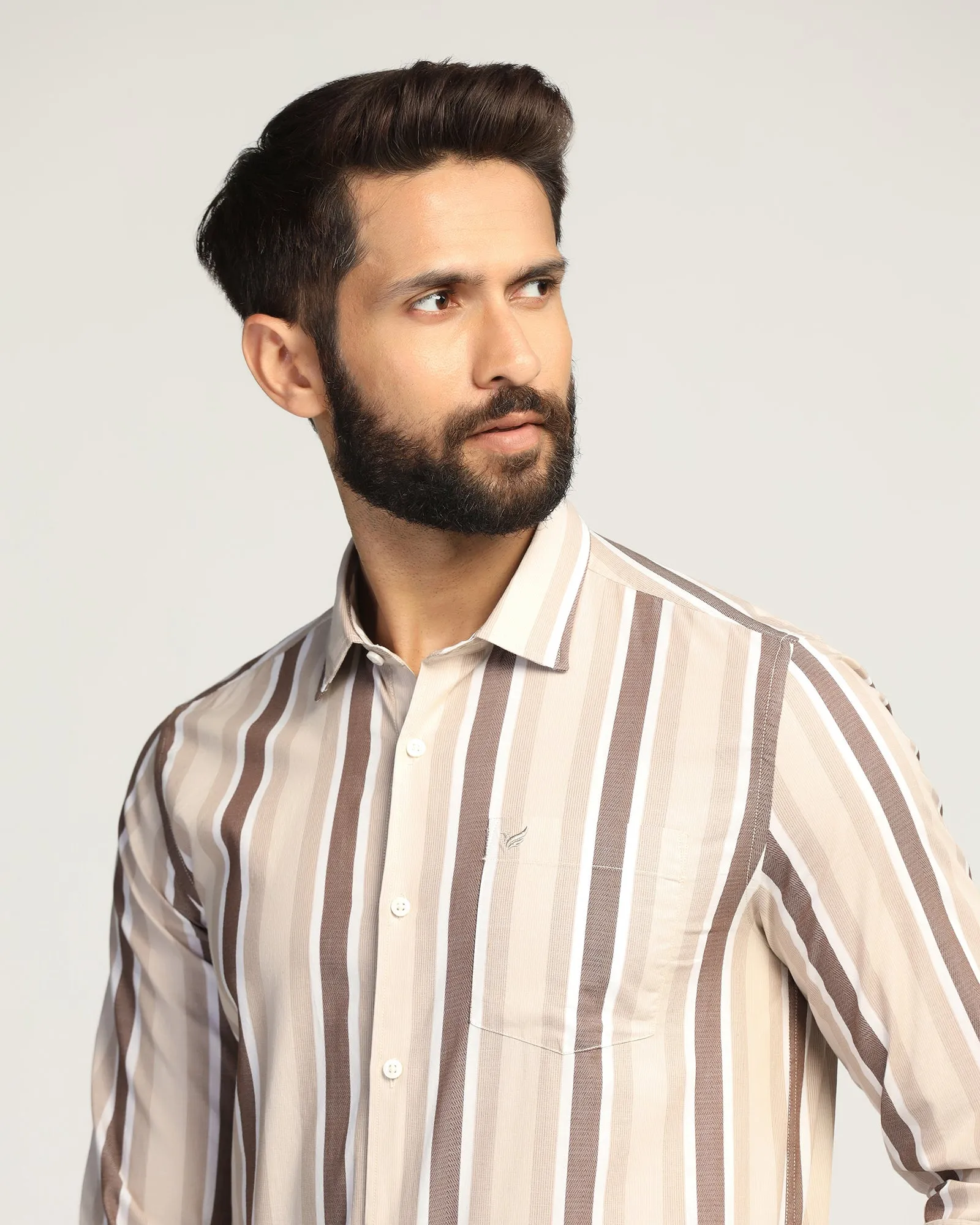 Casual Brown Stripe Shirt - Montag Floral Motif Mix-And-Match