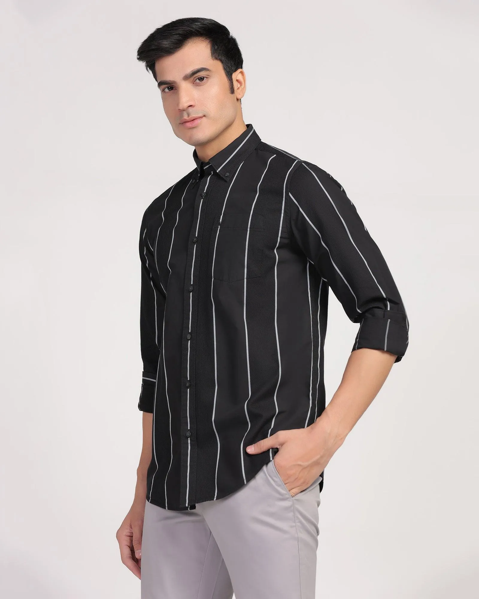 Casual Black Stripe Shirt - Dustin Durable Thread Construction Adjustable Cuffs