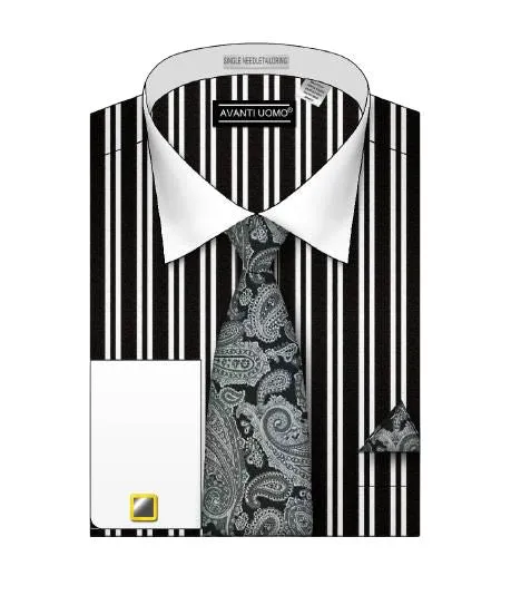 AVANTI UOMO DOUBLE STRIPED WHITE COLLAR DS3823P2 BLACK Seamless Shoulder Construction