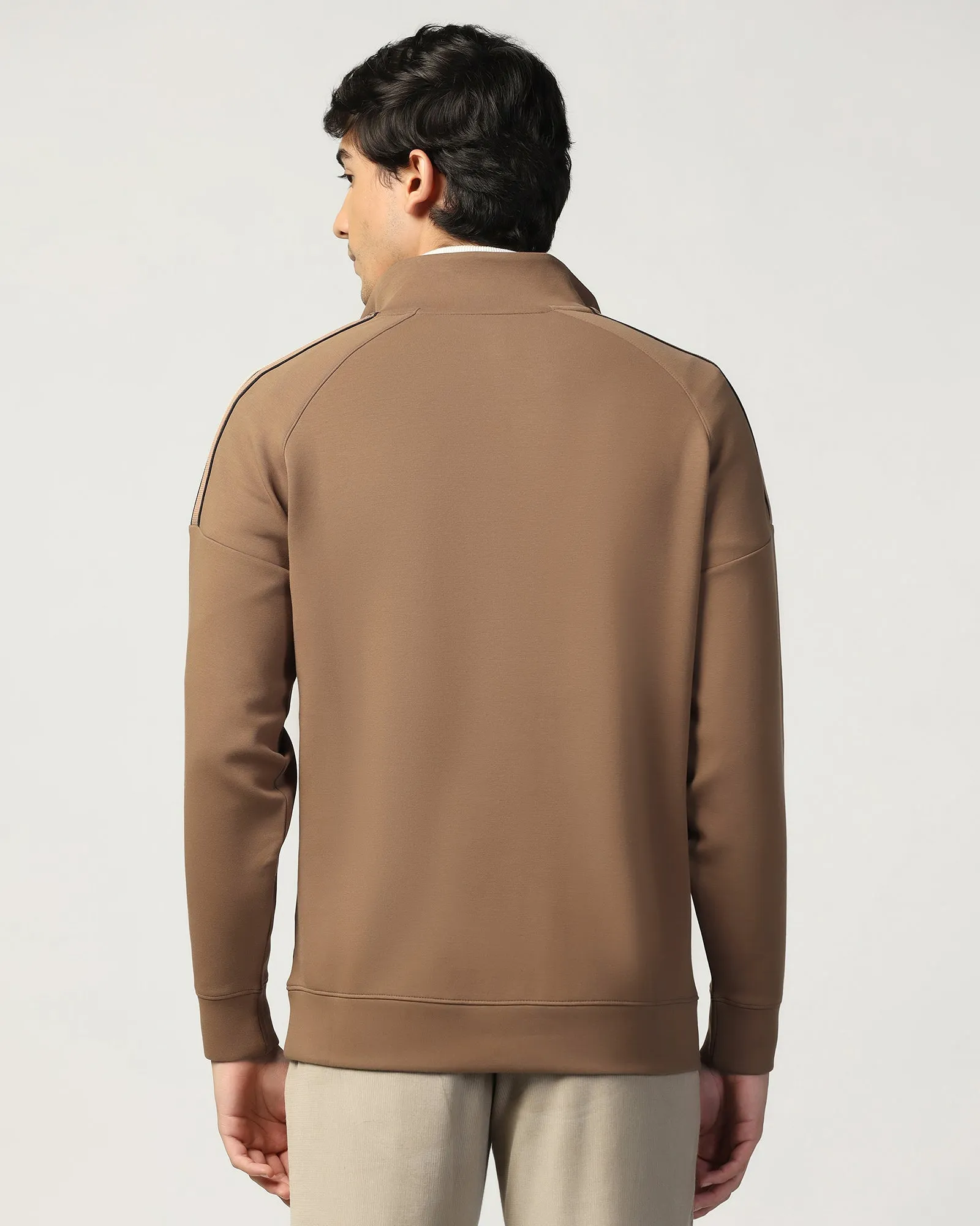 Half Zipper Brown & Tan Solid Sweatshirt - Eno Beach Fit Pure Linen Blend