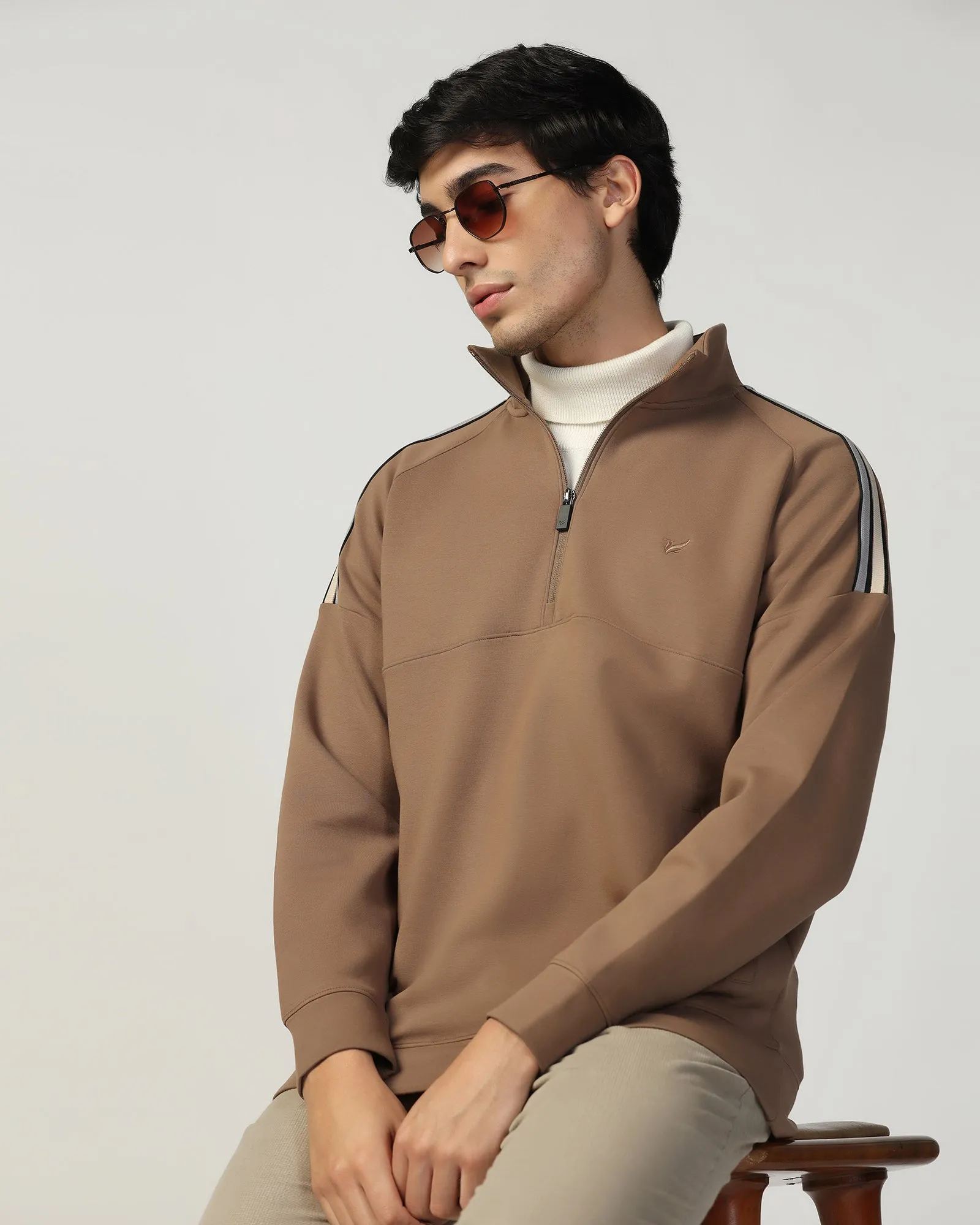 Laid-Back Outfit Meta Mood Half Zipper Brown & Tan Solid Sweatshirt - Eno