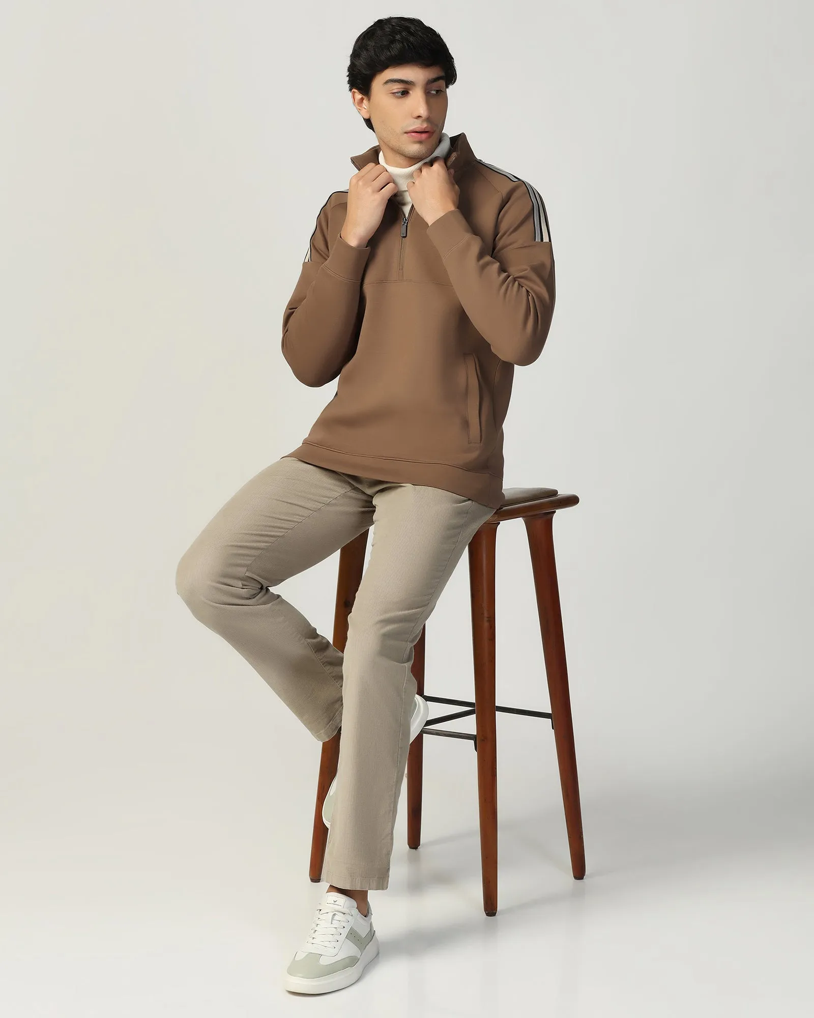 Stylish Fashion Winter Style Half Zipper Brown & Tan Solid Sweatshirt - Eno