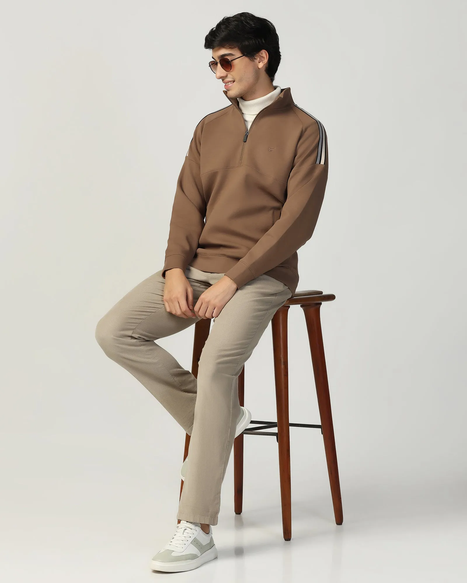 Easy Outfit Half Zipper Brown & Tan Solid Sweatshirt - Eno