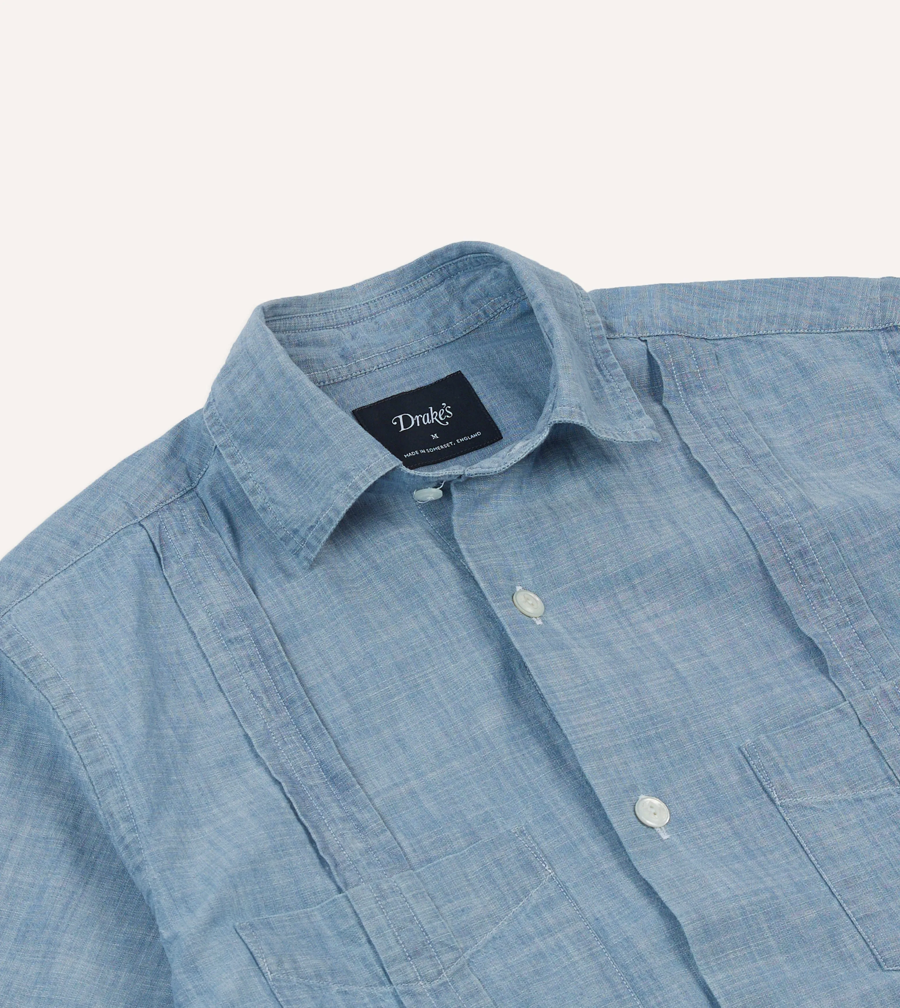Non Restrictive Armhole Blue Chambray Short Sleeve Cuban Shirt