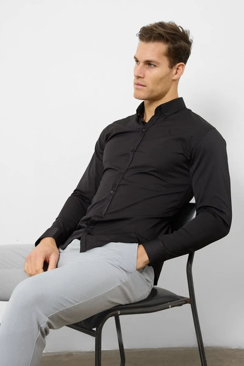 Athletic Fit Signature Shirt 2.0 in Black Zip Front Subtle Print