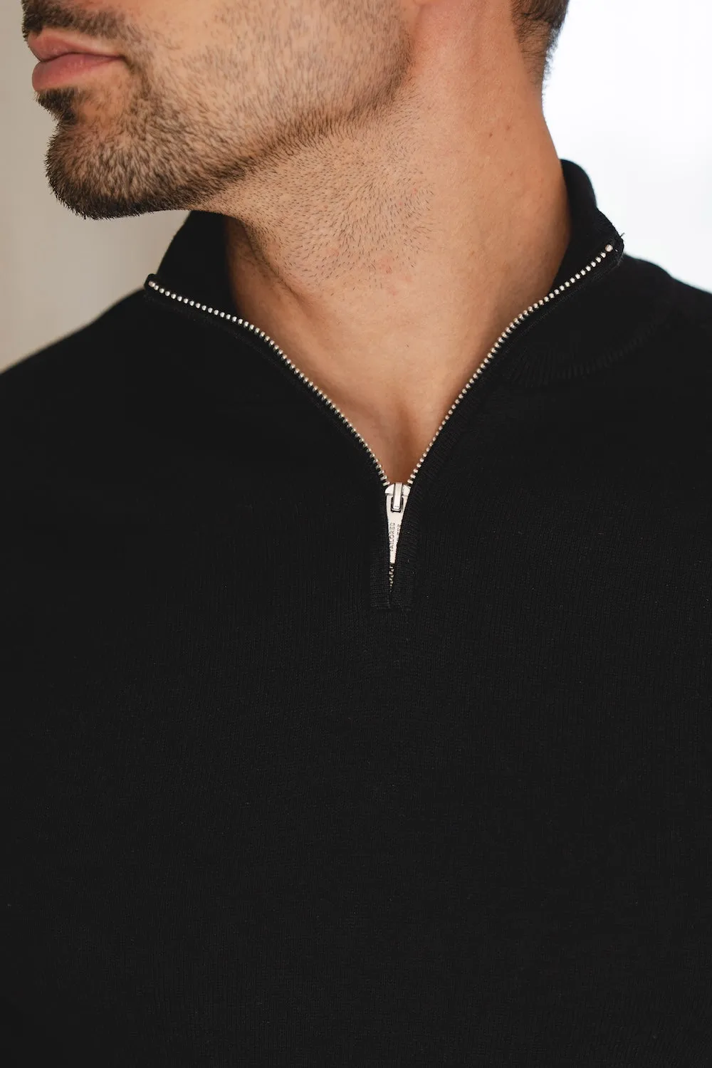 Extra Fine Merino Wool Half Zip Neck Sweater in Black Power Vibe