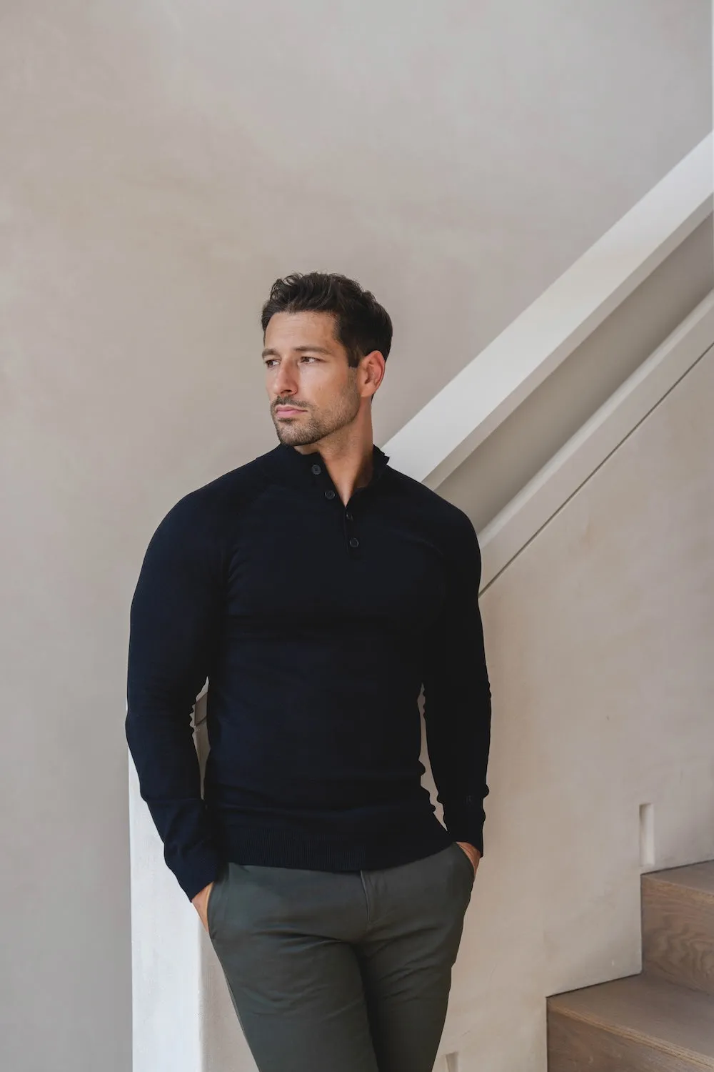 Extra Fine Merino Wool Half Zip Neck Sweater in Black Organic Cotton Certification Wardrobe Essential