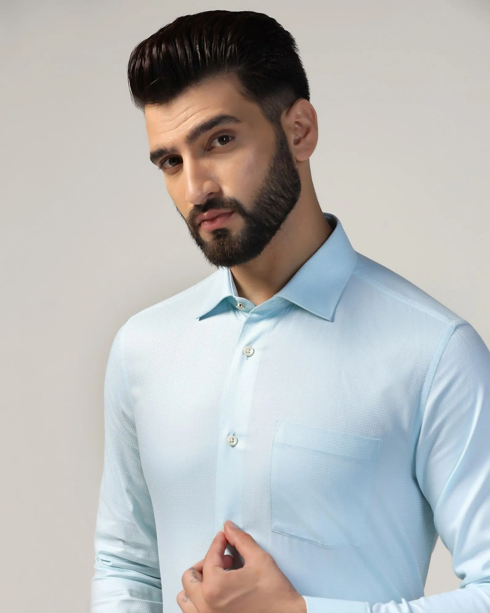 Travel Friendly Breathable Cotton Formal Aqua Textured Shirt - Qued