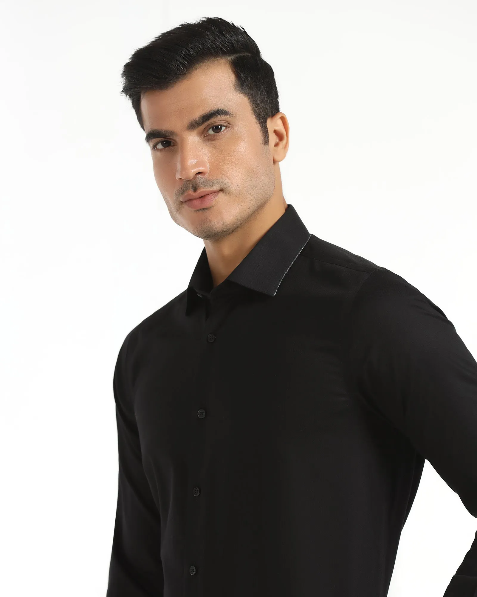 Formal Black Textured Shirt - Float Twill Weave Cuffed hem