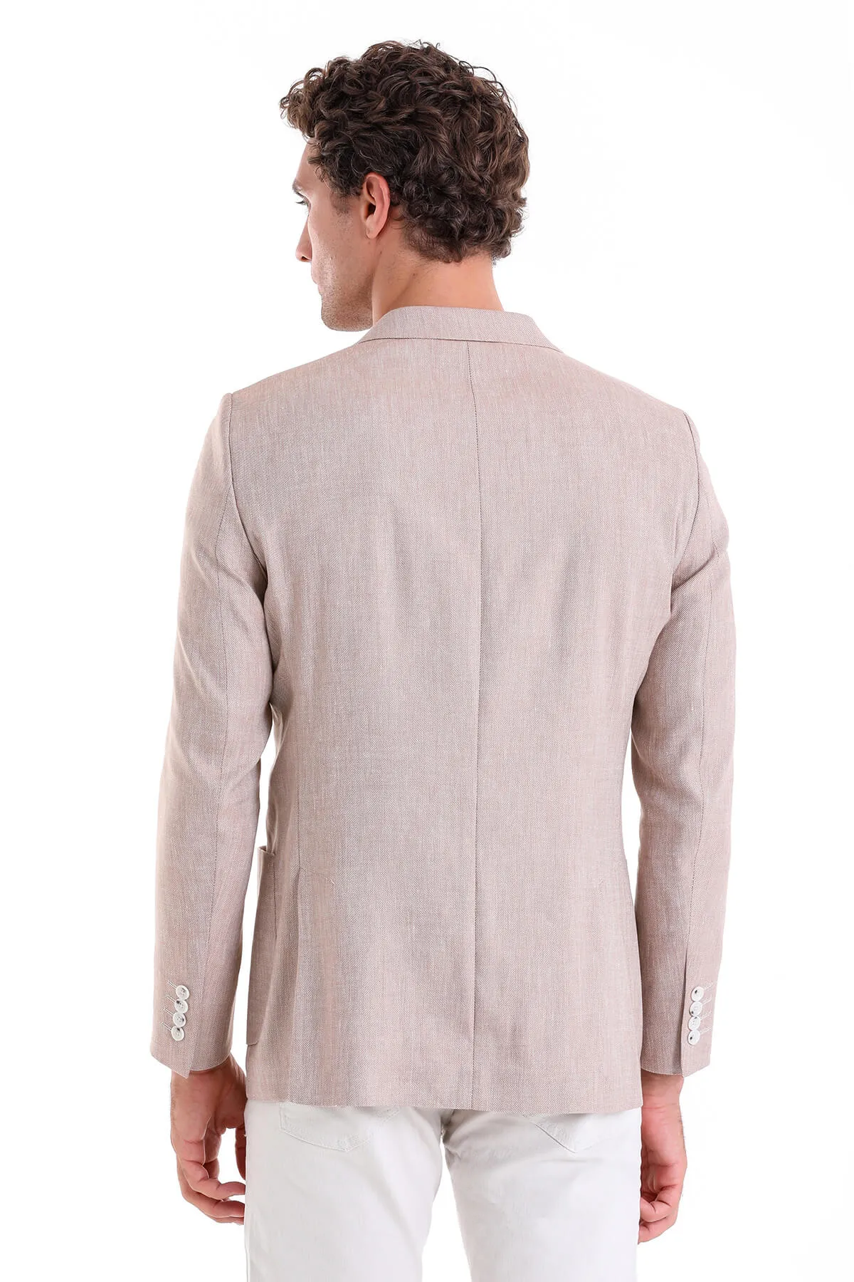 Slim Fit Double Breasted Brick Linen Casual Blazer Full Zip Closure Flexible Knit