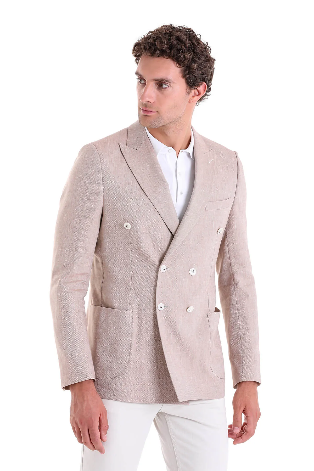 Slim Fit Double Breasted Brick Linen Casual Blazer Trail To Town Moisture Wicking Material