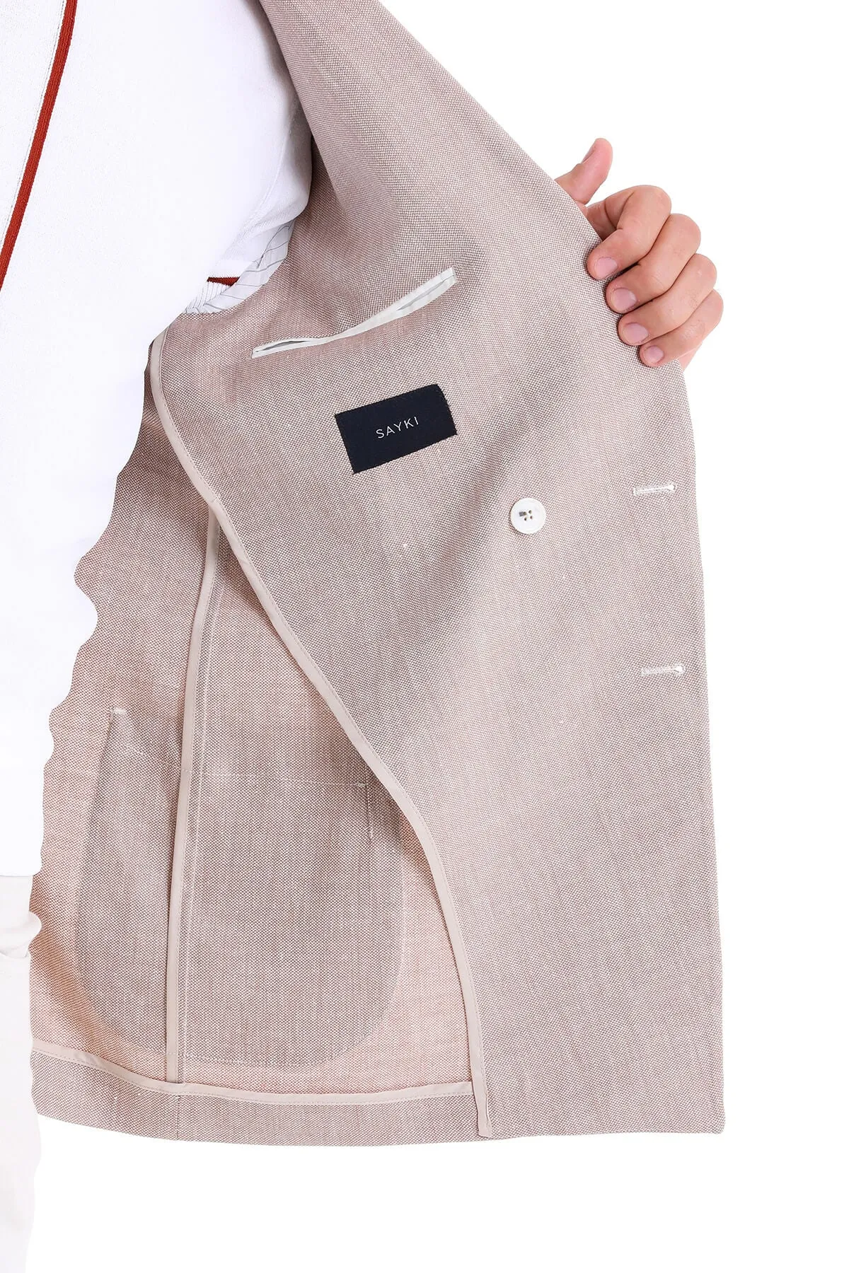 Layered Drape Eco Certified Textiles Slim Fit Double Breasted Brick Linen Casual Blazer