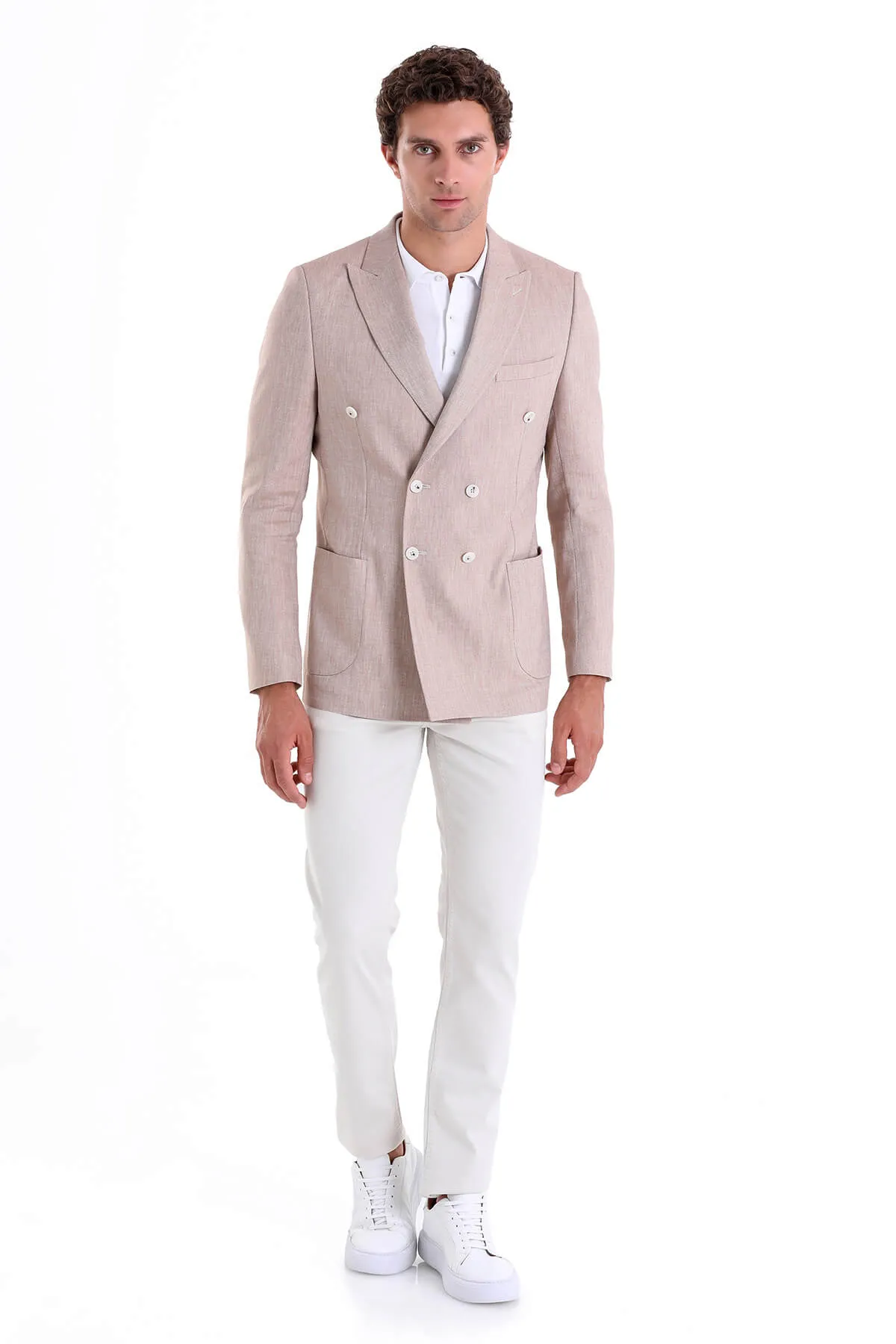 Stretch Comfort Slim Fit Double Breasted Brick Linen Casual Blazer