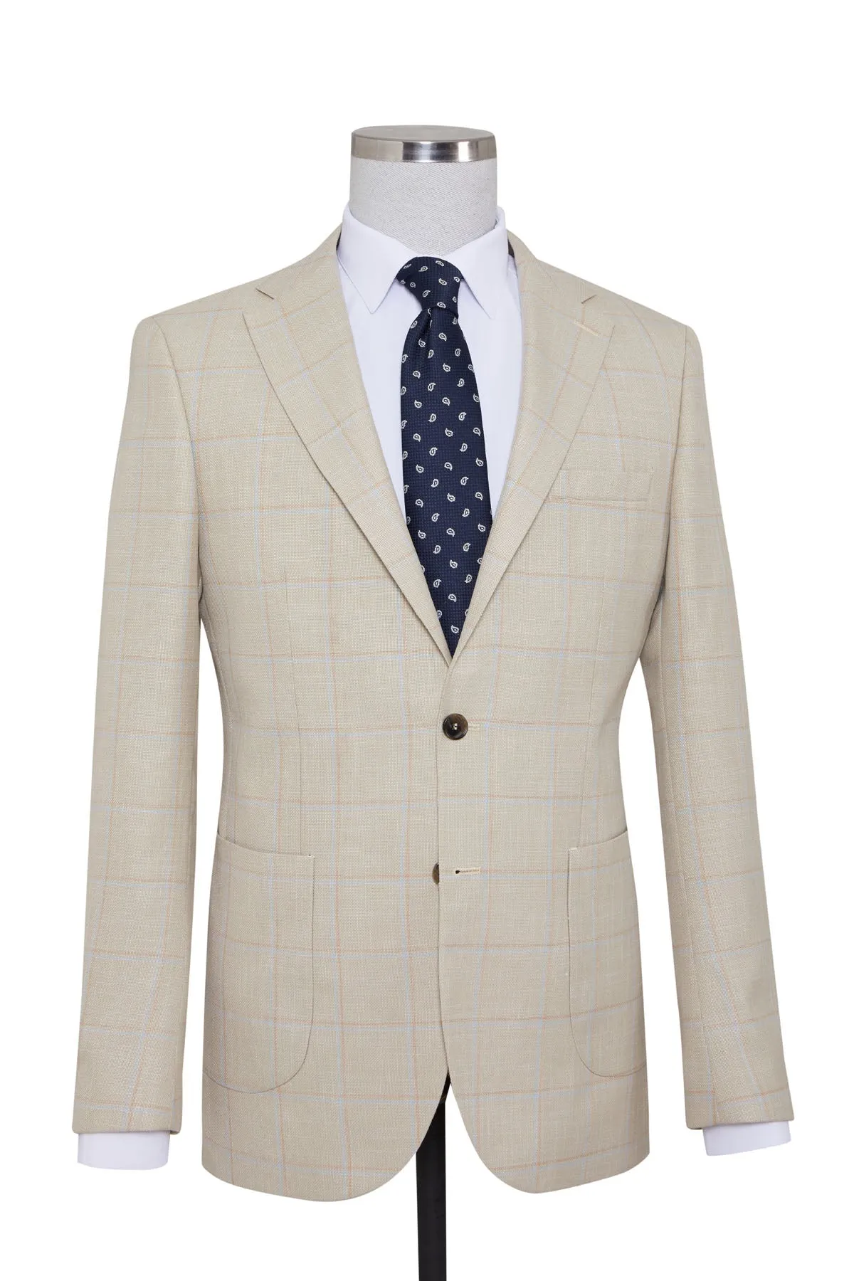 Slim Fit Notch Lapel Plaid Beige Casual Blazer Collapsible Packable Style