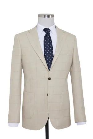 Slim Fit Notch Lapel Plaid Beige Casual Blazer CompactFoldable Easy Care Fabric