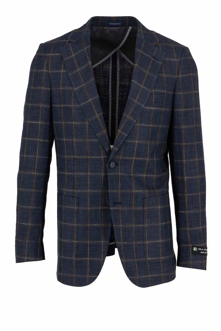 Canaletto Navy with Brown Windowpane Veneto/THP Slim Fit Half Lined, Bamboo Jacket CU2025318 AntiPillingFinish Elastic Cuff Adjustment