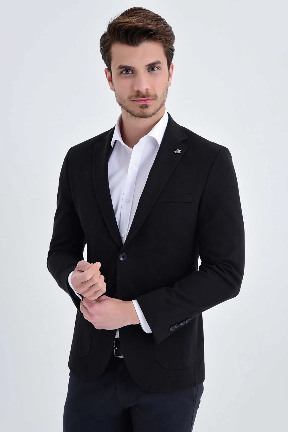 Anti Pilling Surface Treatment Slim Fit Notch Lapel Black Cotton Blend Casual Blazer
