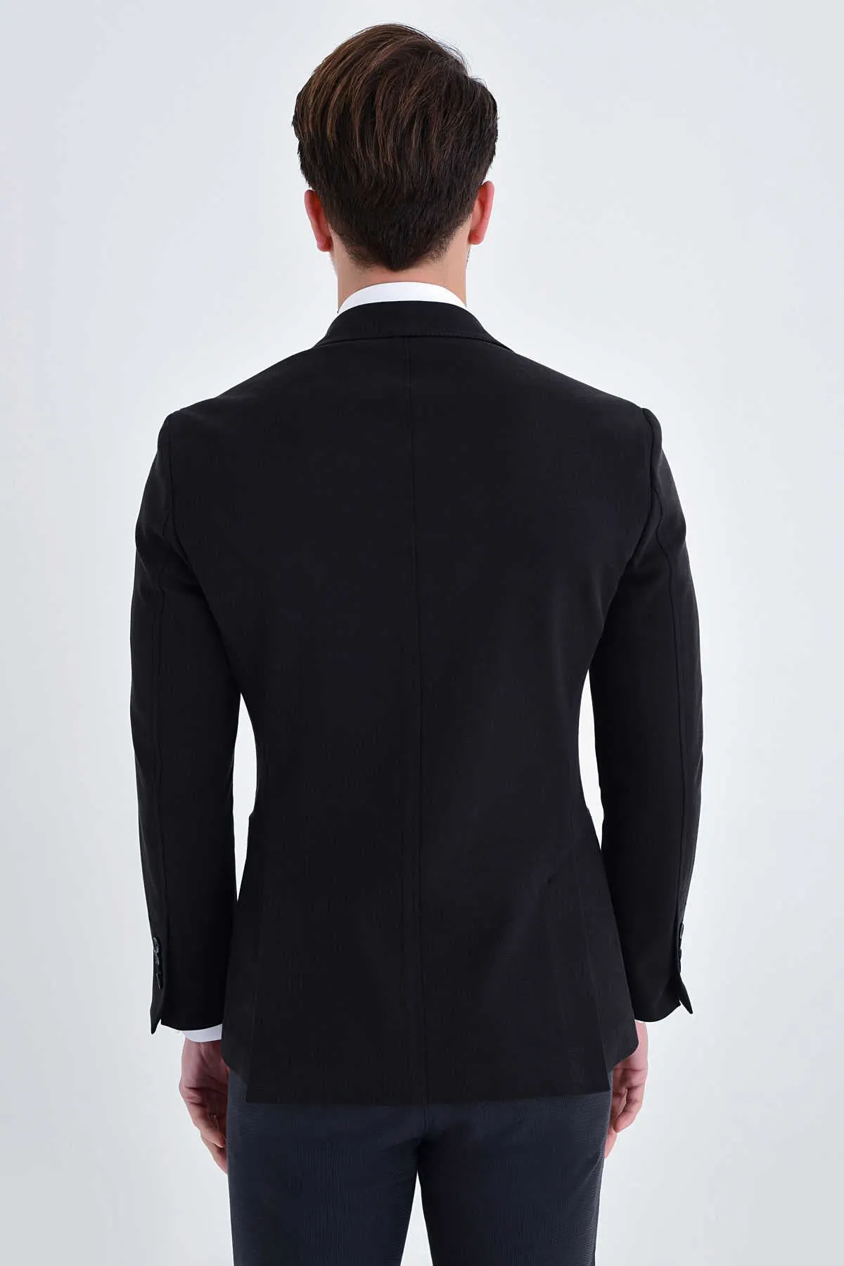 Slim Fit Notch Lapel Black Cotton Blend Casual Blazer LightweightInsulation Waterproof Stitch Details