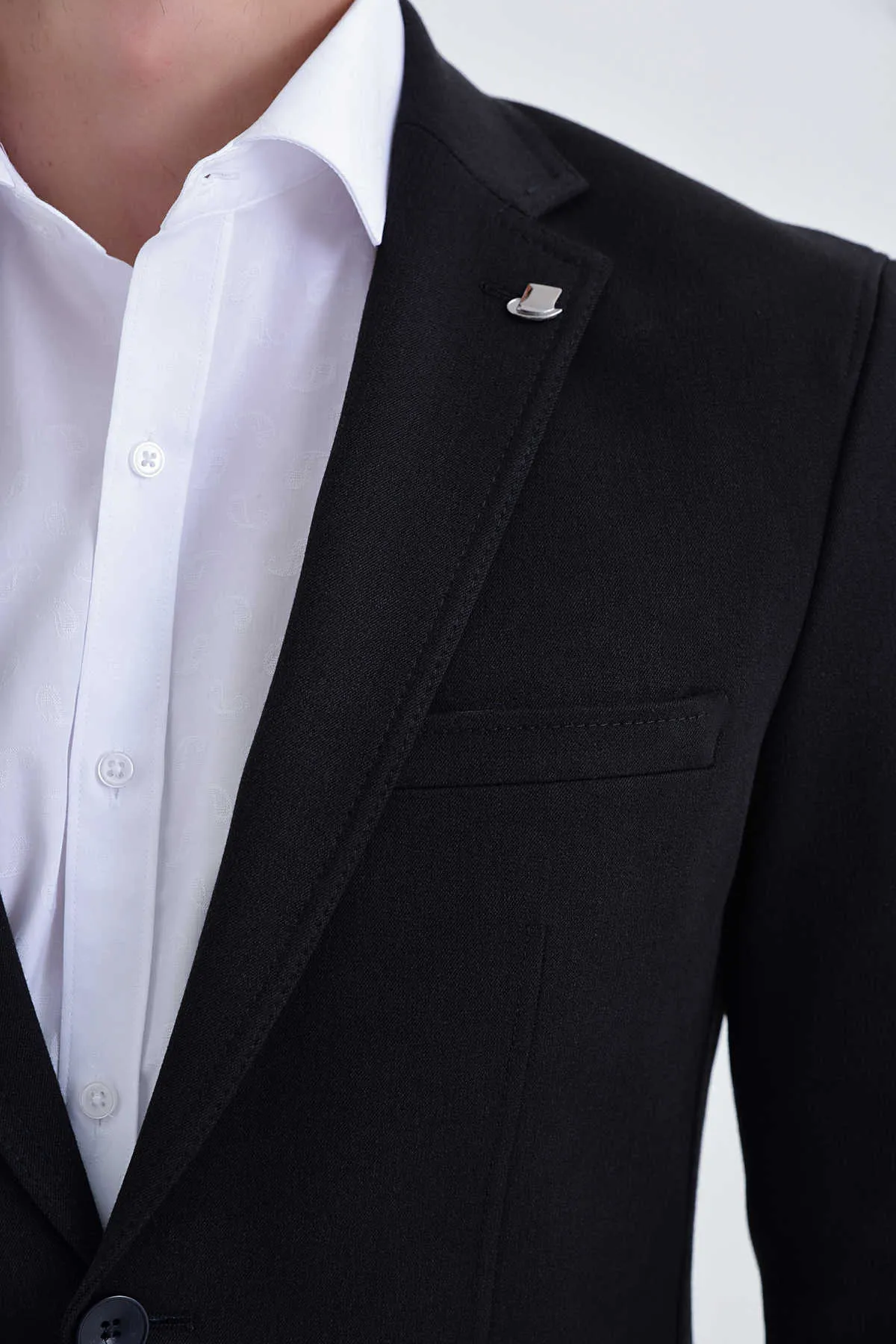 Anti Static Finish High Collar Slim Fit Notch Lapel Black Cotton Blend Casual Blazer