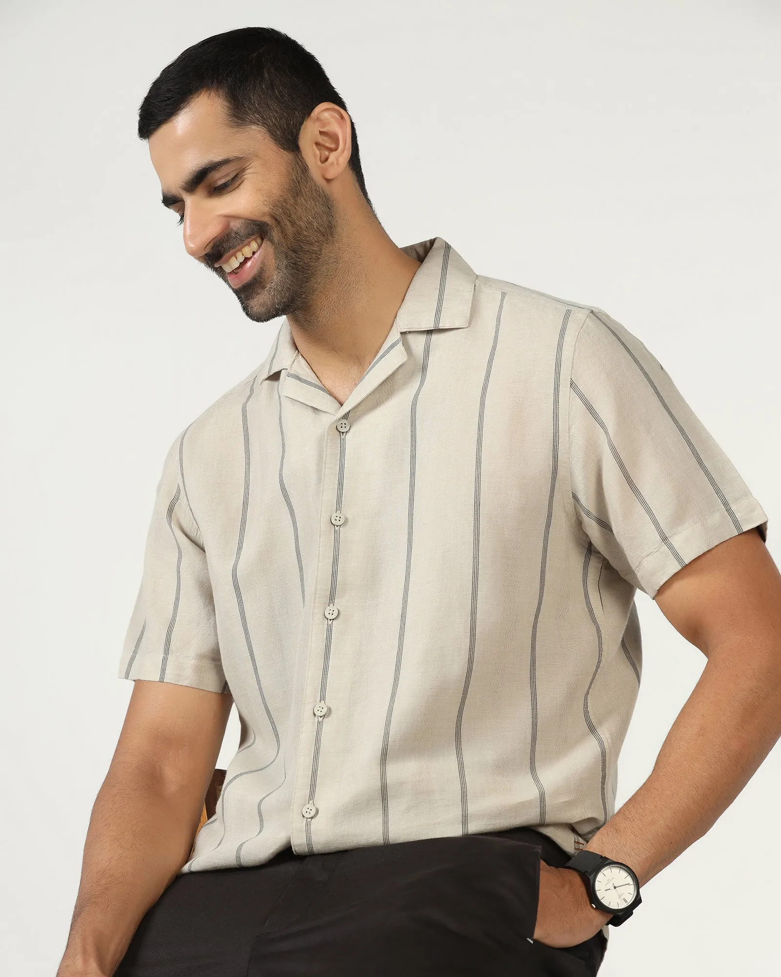 Brunch Outfit Layering Piece Natural Half Sleeve Linen Stripe Shirt - Ramiro