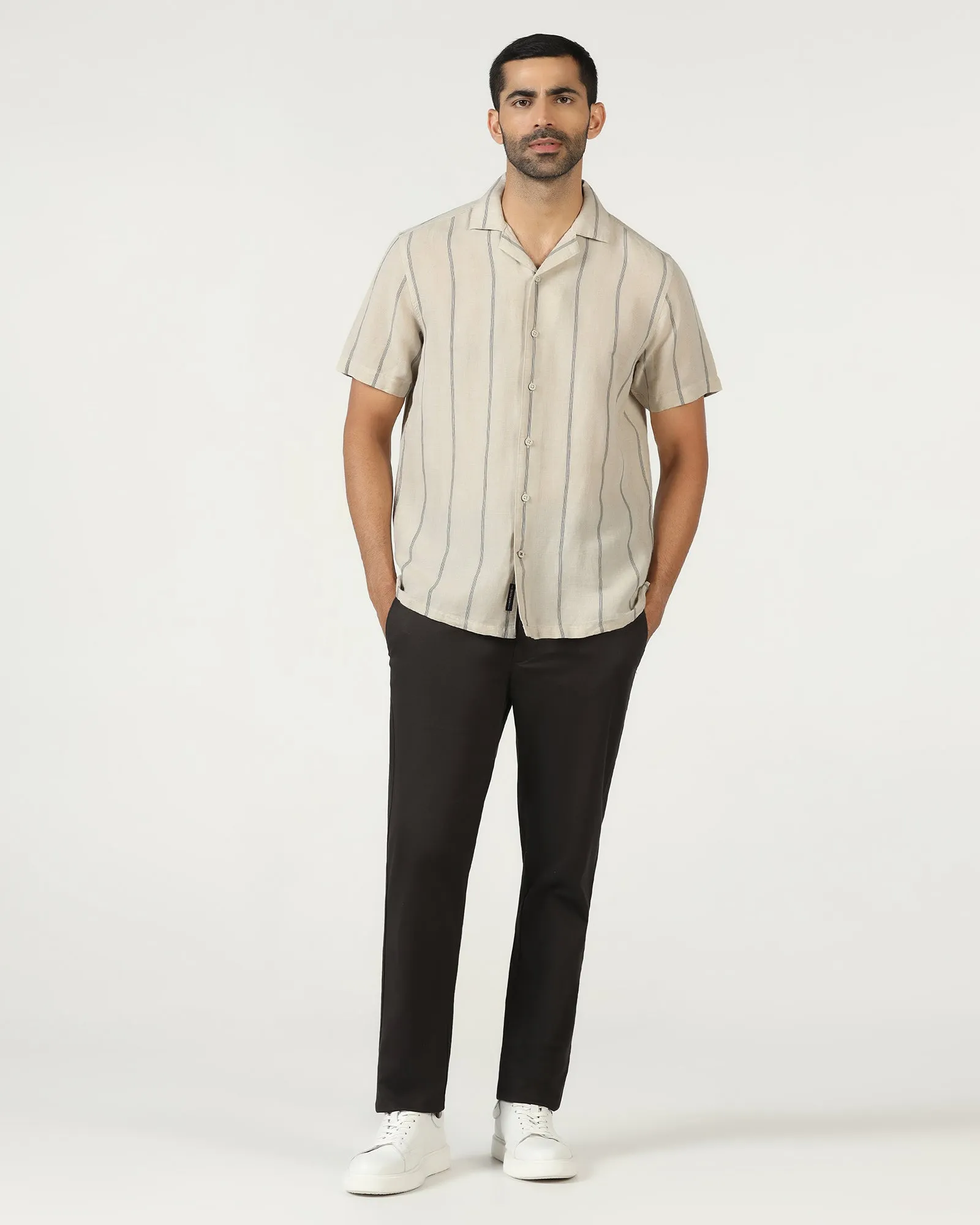 Contemporary Style Natural Half Sleeve Linen Stripe Shirt - Ramiro