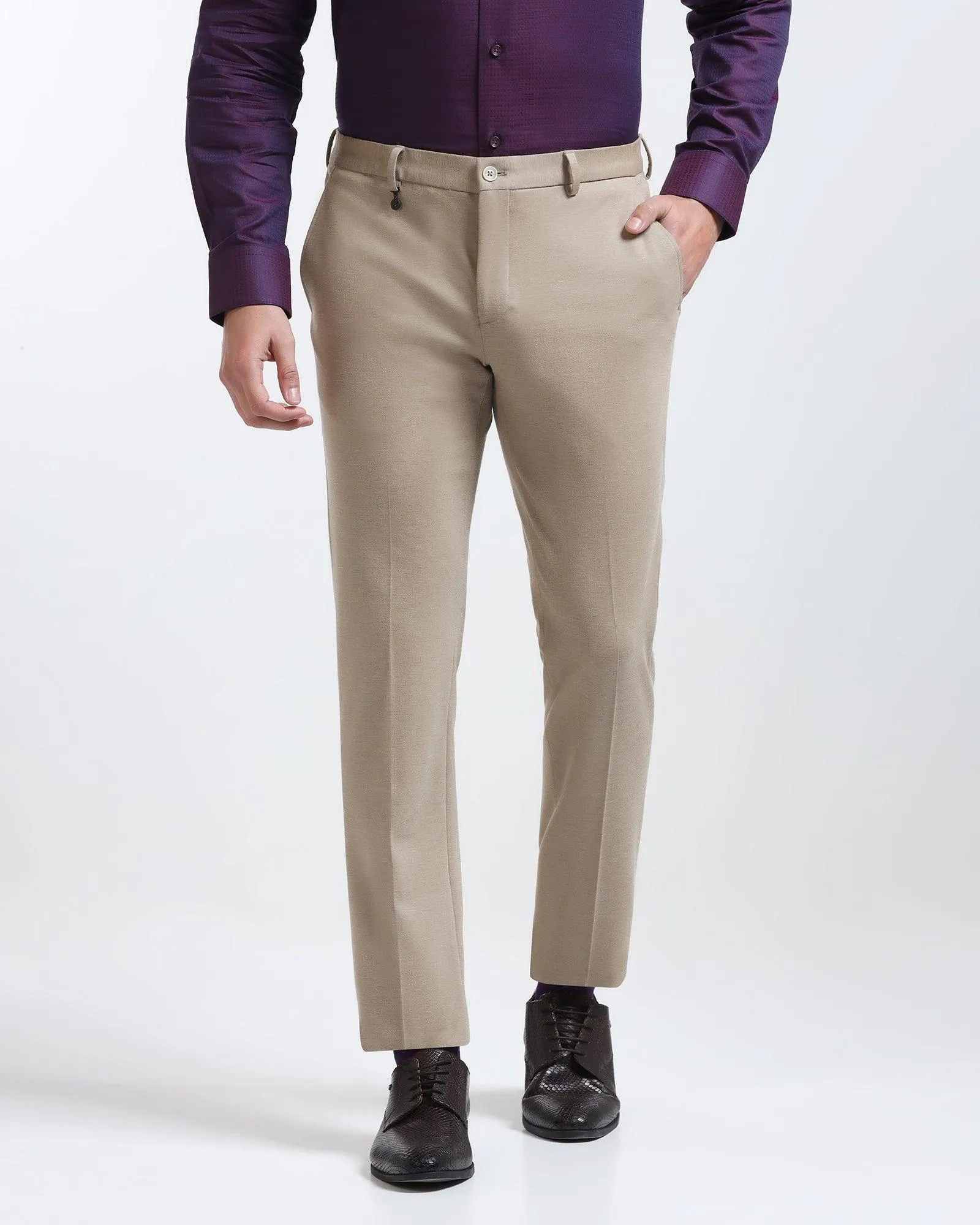 Contrast Trim Multi Pocket System Slim Comfort B-95 Formal Beige Solid Trouser - Raider
