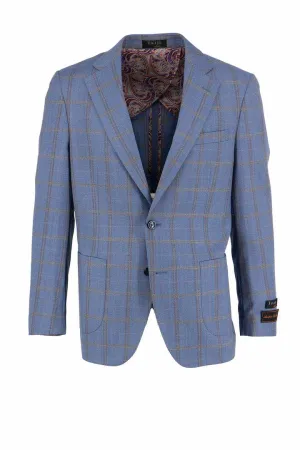 Tiglio Luxe Sky Blue with Gold and Brown Windowpane Veneto/THP Slim Fit Half Lined, Pure Wool Jacket TL4253 High Collar Windguard
