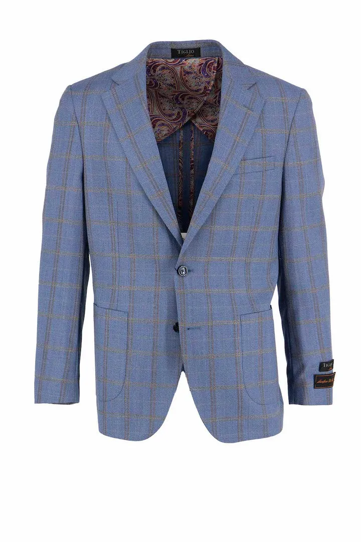 Tiglio Luxe Sky Blue with Gold and Brown Windowpane Veneto/THP Slim Fit Half Lined, Pure Wool Jacket TL4253 YKK Fasteners Holiday Trip