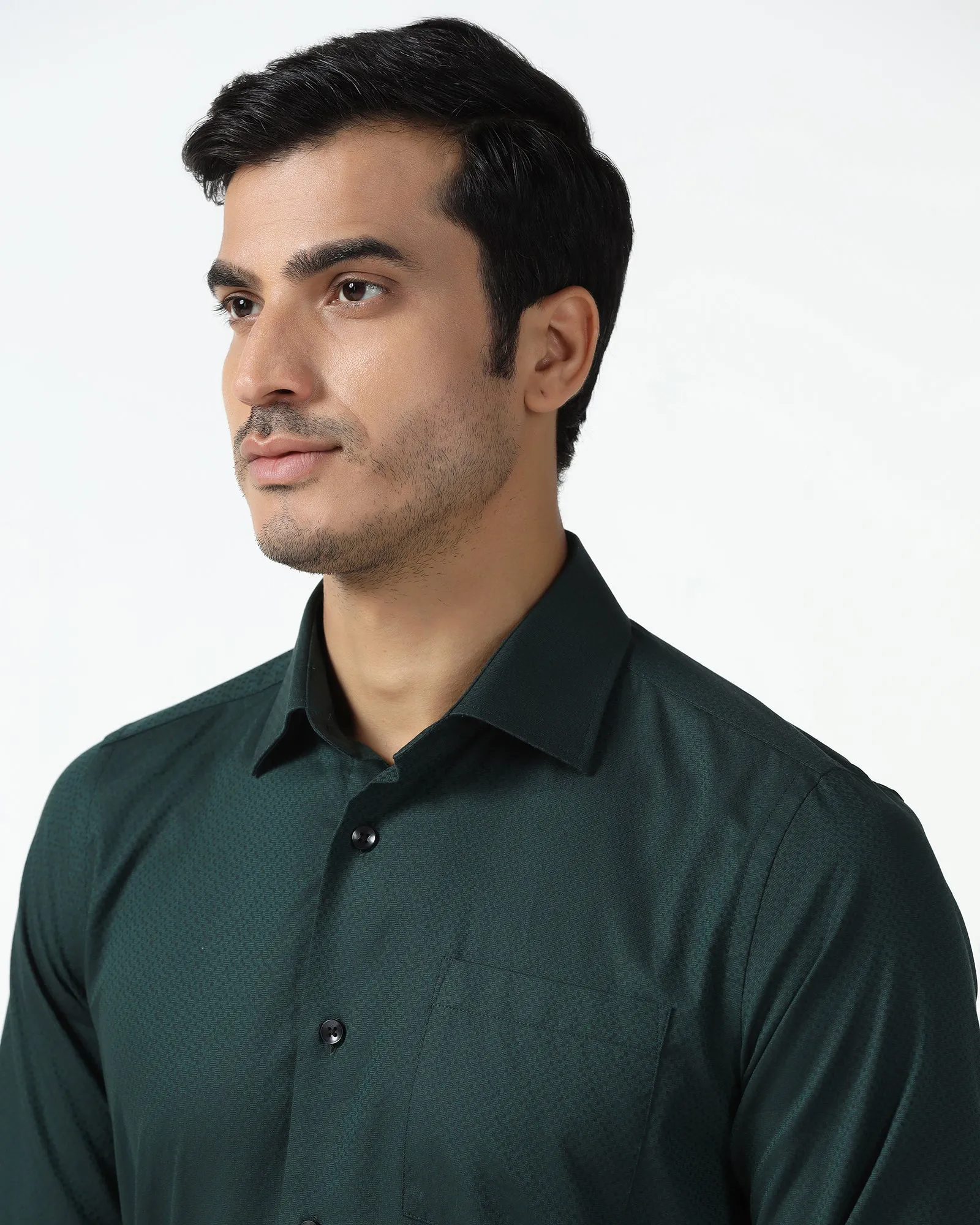 Flexible Shoulder Construction networking event Bottle Green Textured Shirt - Regard