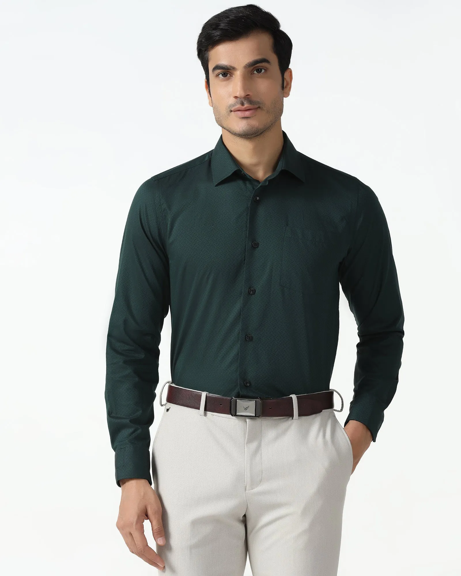 Coffee Run Bottle Green Textured Shirt - Regard