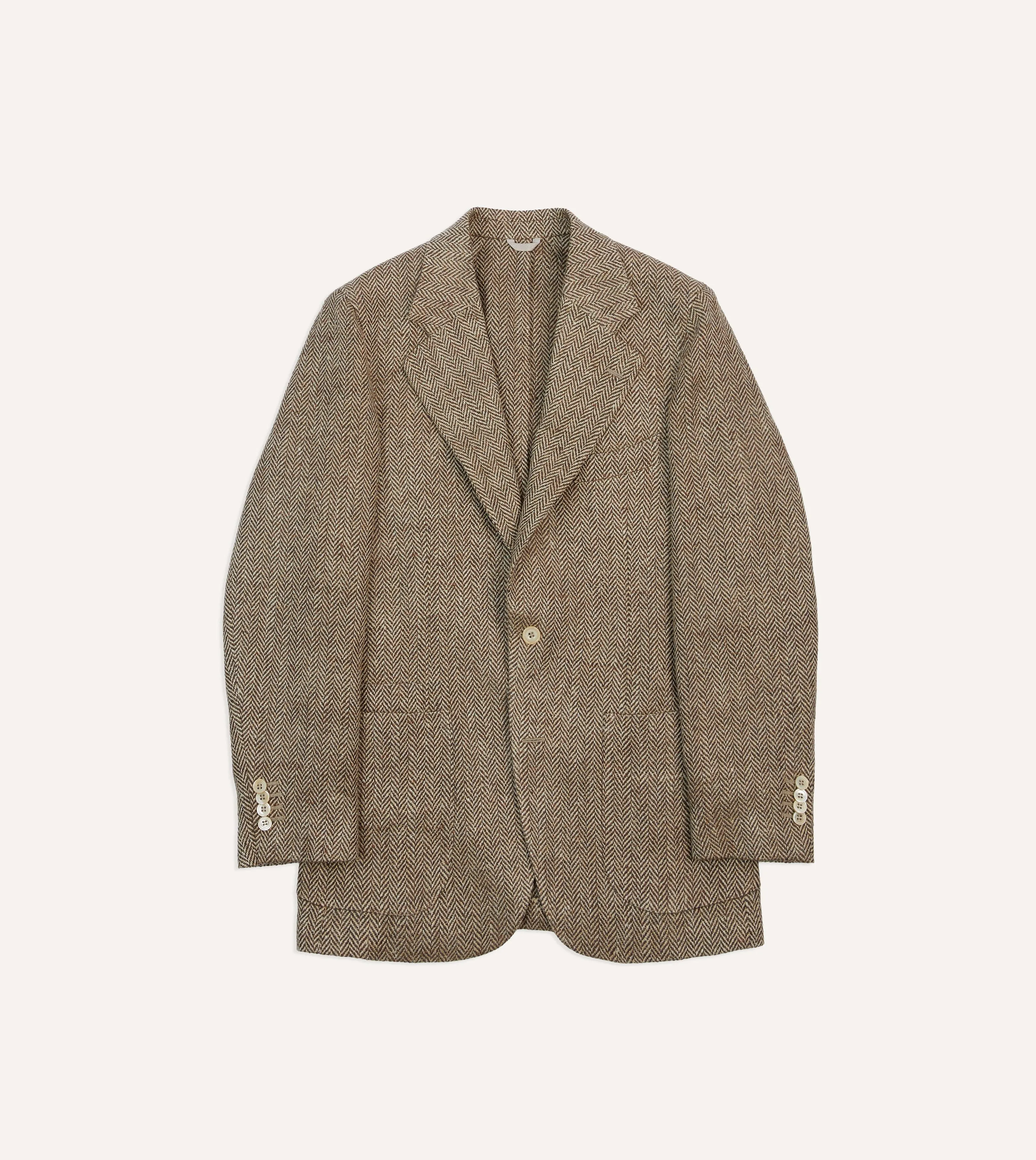 Sustainable Recycled Material Brown Herringbone Linen-Silk Blazer