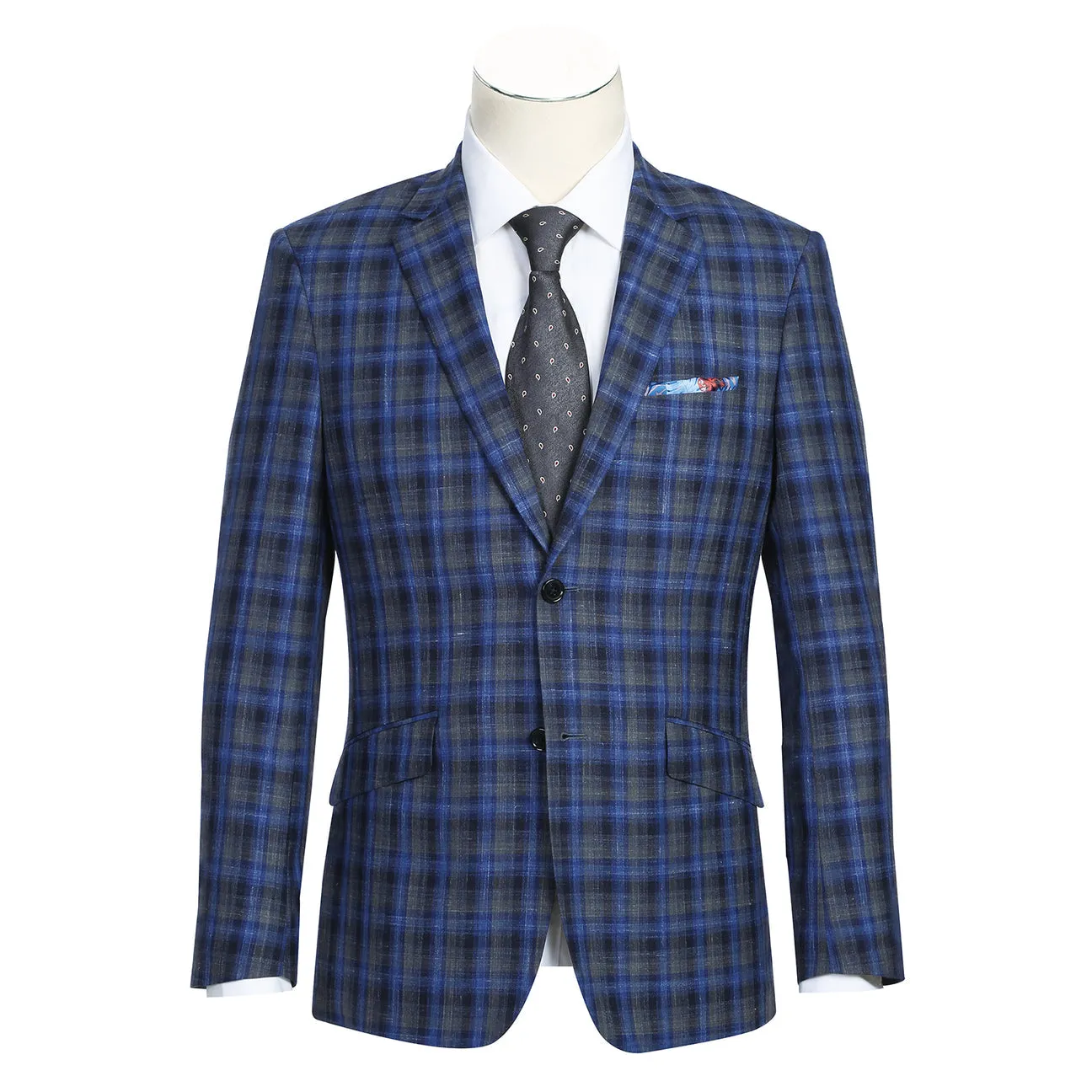 Fur Trim MagneticClosureSystem Alessandro Vitello by Renoir Slim Fit Wool Blend Checked Blazer Blue 563-1