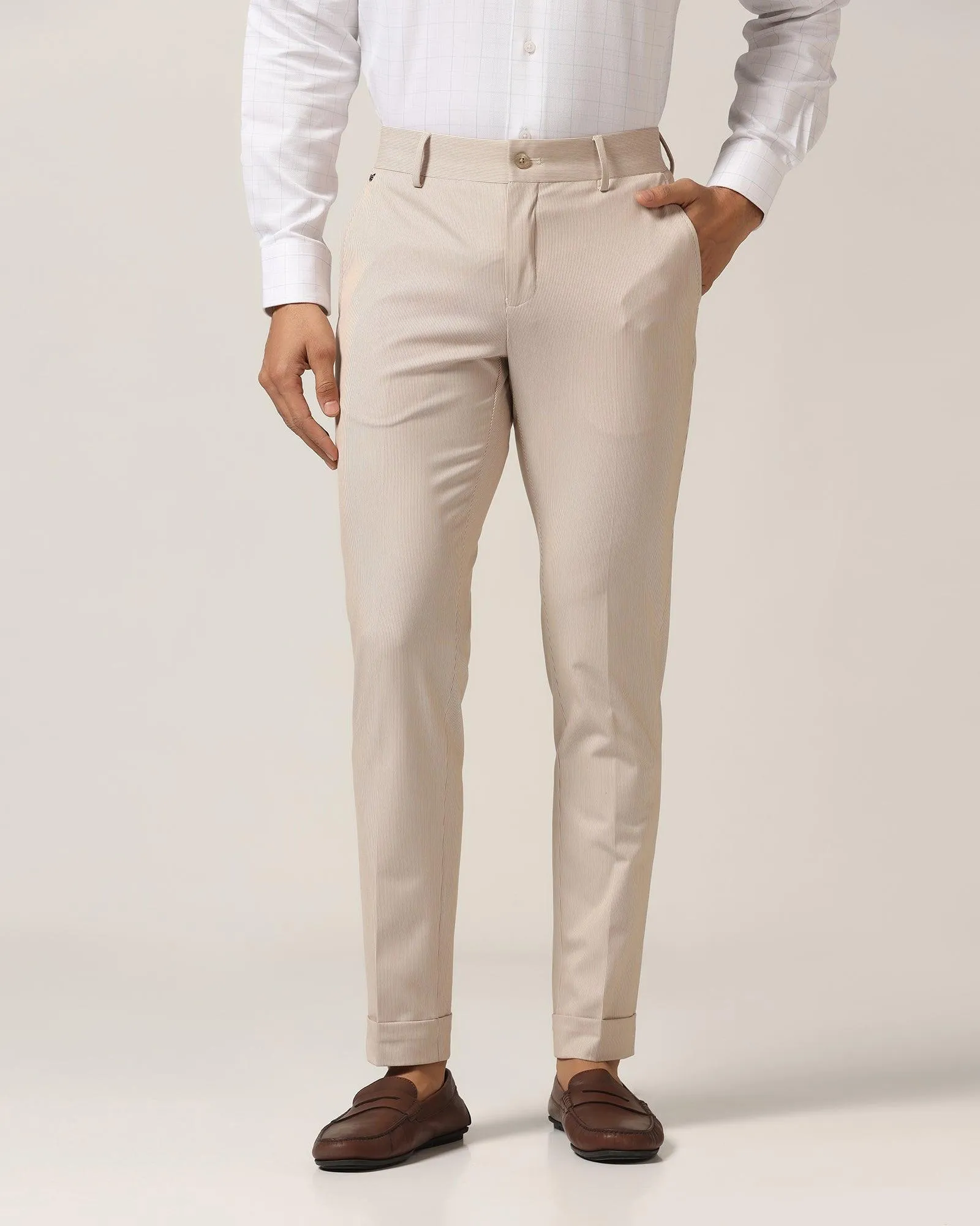 Super Slim Phoenix Formal Beige Stripe Trouser - Ninja Comfortable Design