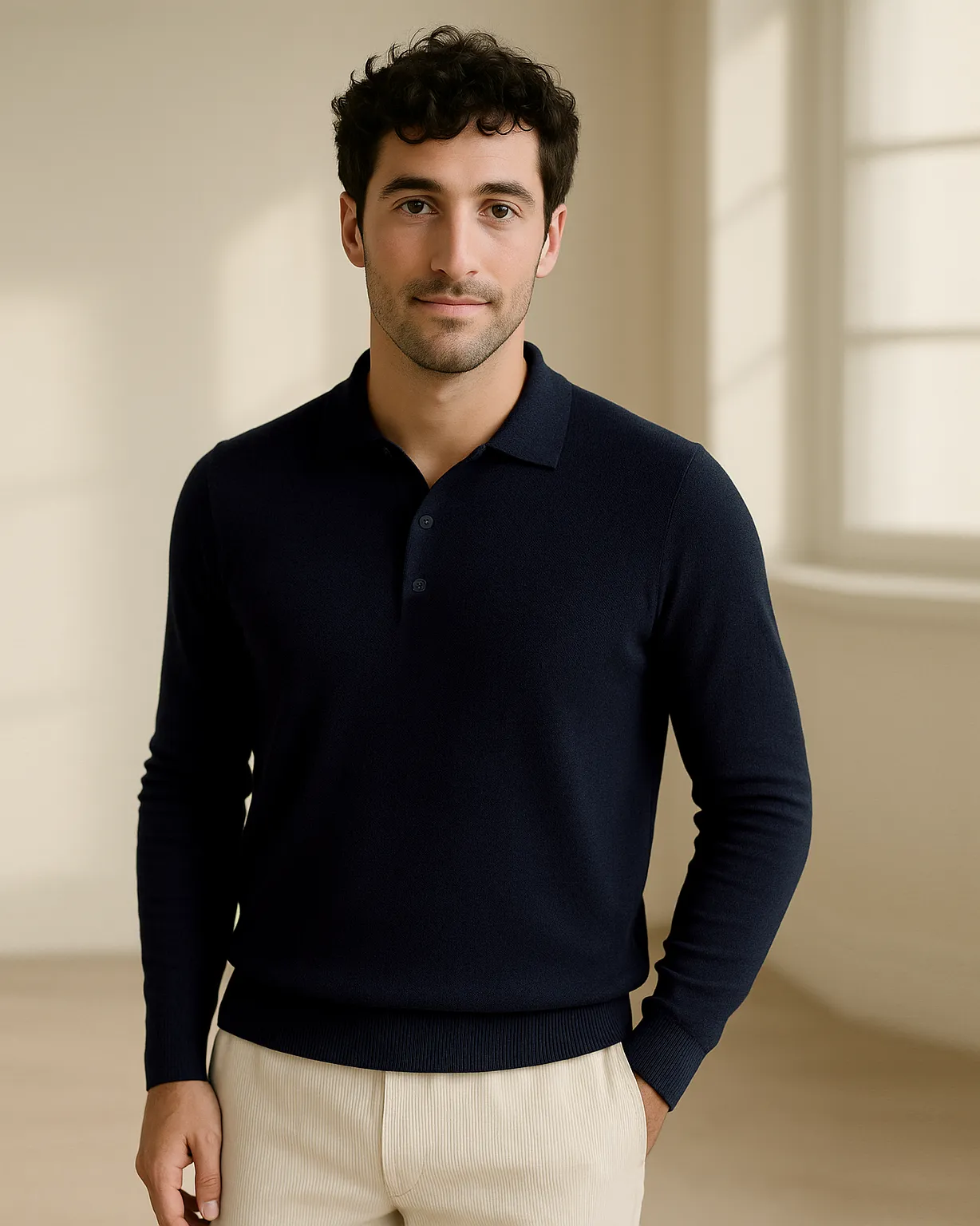 Unstructured Hem EZS Merino Wool Navy Long Sleeve Polo
