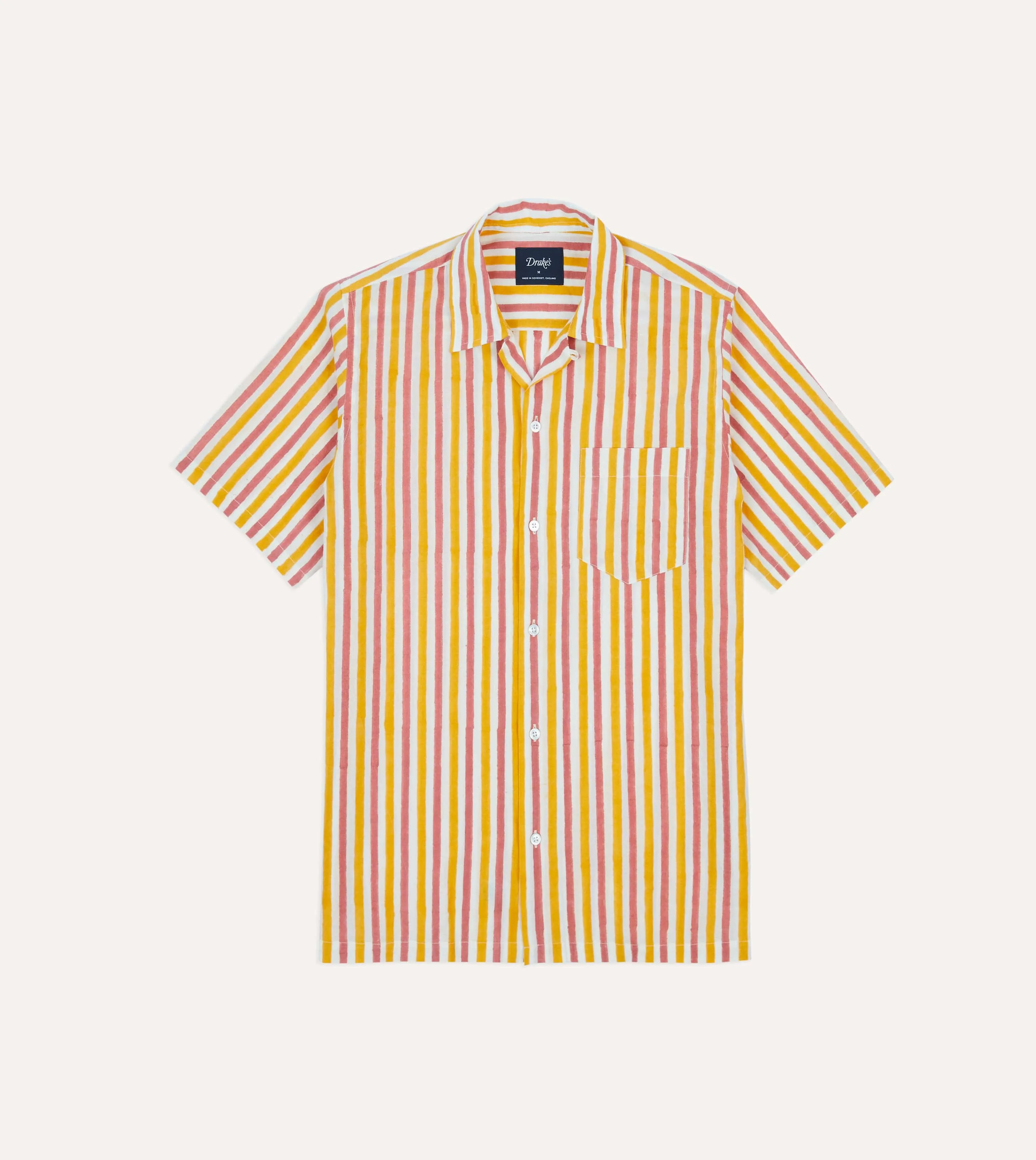 Yellow and Pink Stripe Block Print Cotton Camp Collar Short Sleeve Shirt Earthy Hue