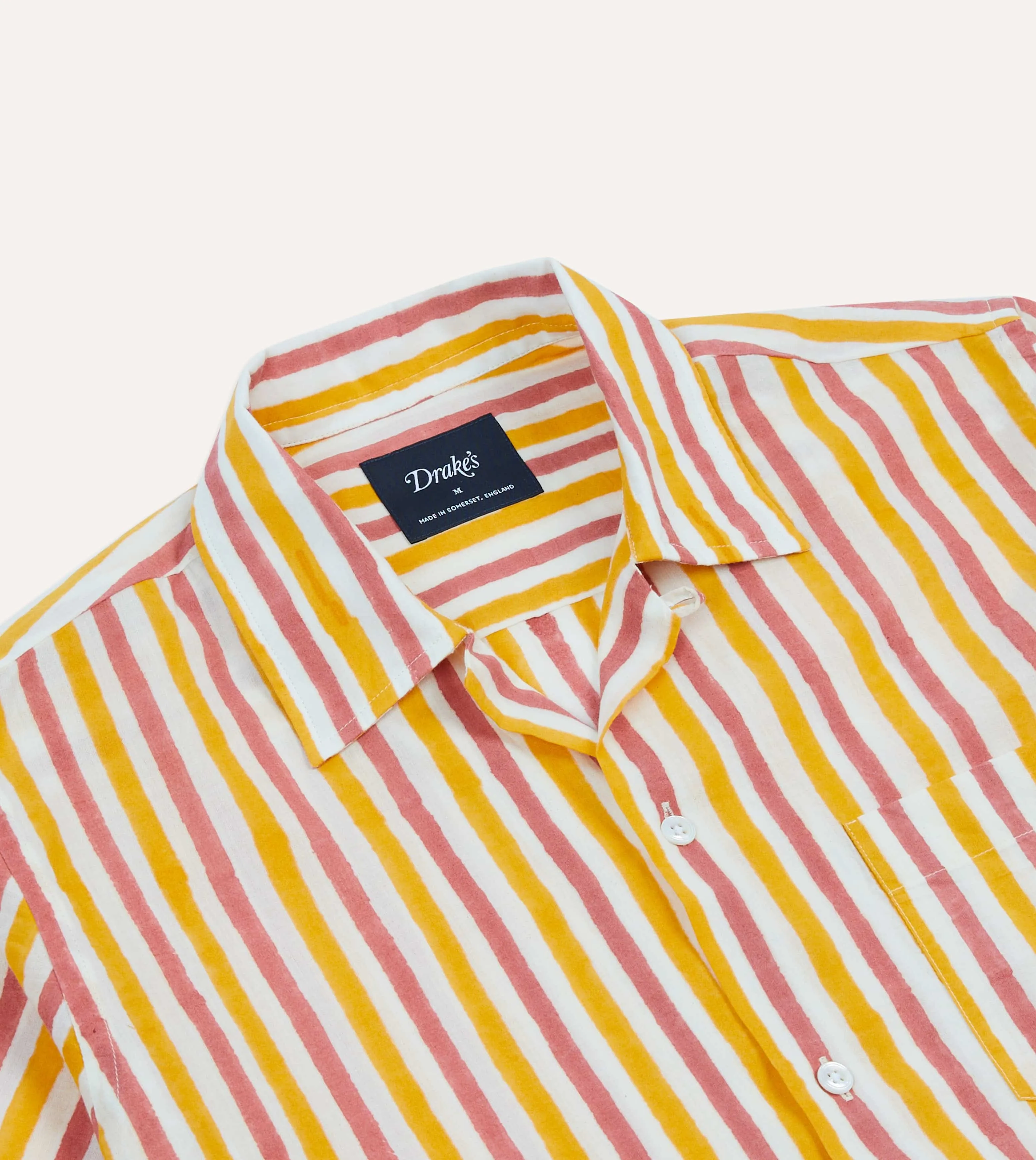 Statement Maker All Purpose Weave Design Yellow and Pink Stripe Block Print Cotton Camp Collar Short Sleeve Shirt