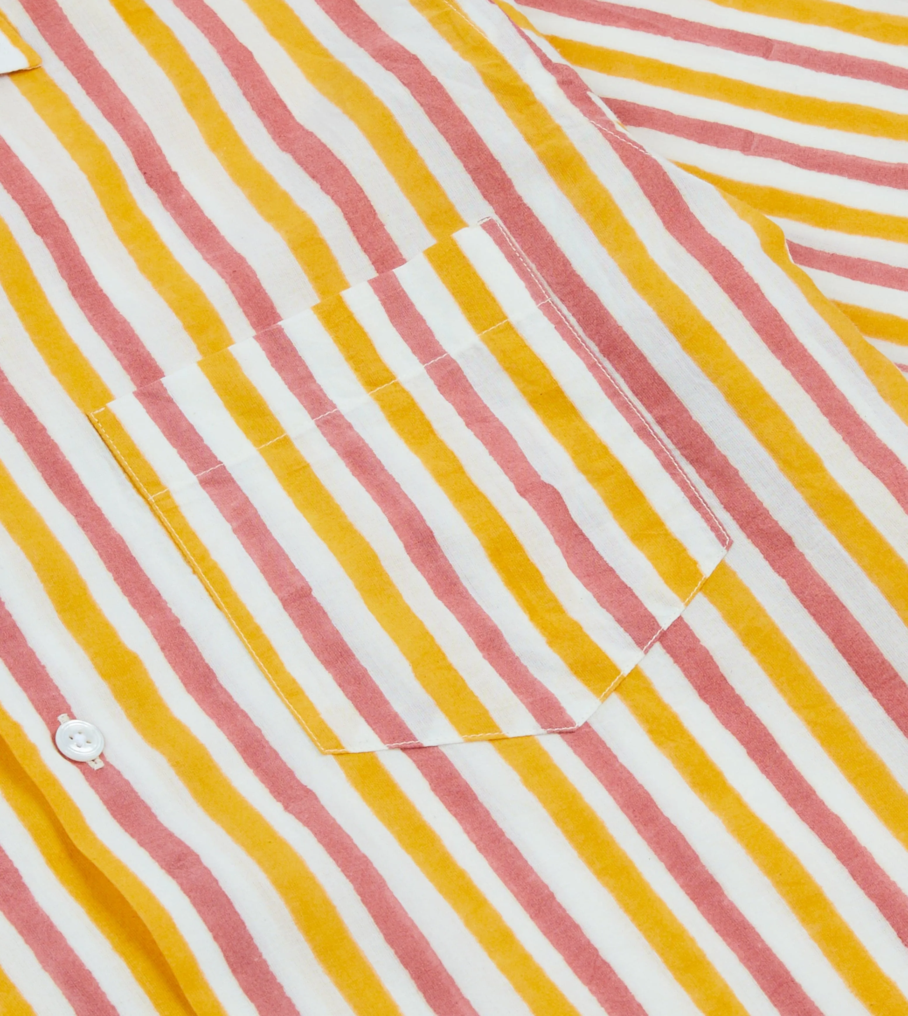 tall size Yellow and Pink Stripe Block Print Cotton Camp Collar Short Sleeve Shirt