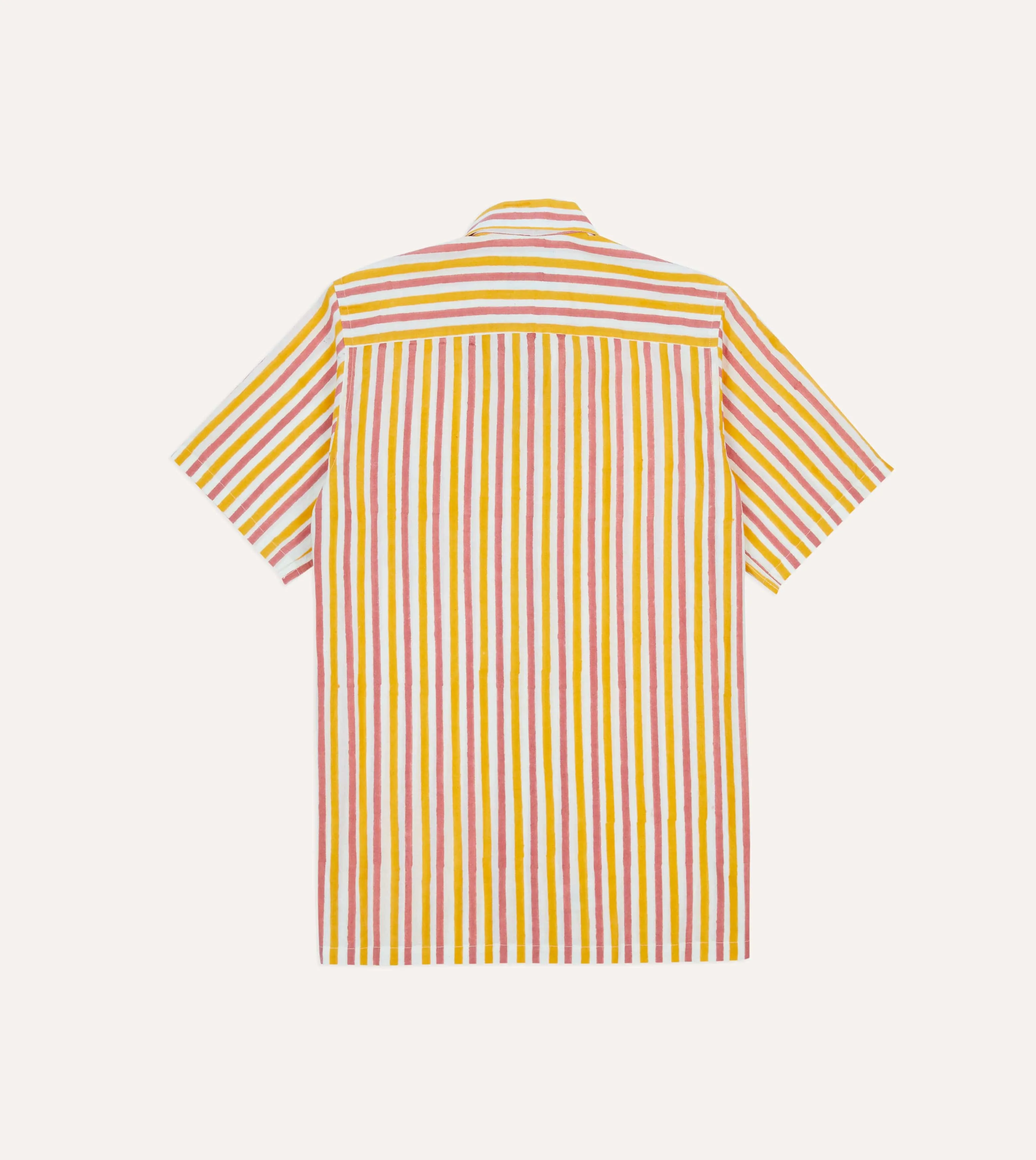 Yellow and Pink Stripe Block Print Cotton Camp Collar Short Sleeve Shirt Minimalist Closure All-Purpose Wear